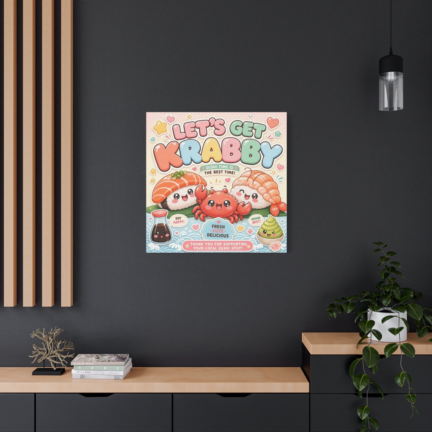 "Let's Get Krabby" Sushi Quote Canvas Wall Art - Kawaii Salmon Nigiri Shrimp Crab Illustration - Pastel Typography - Cafe Wall Decor, Restaurant Wall Hanging, Cute Food Sign - Reception Area Decor