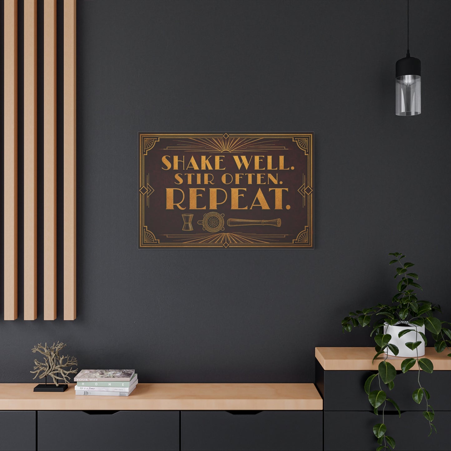 "Shake Well. Stir Often. Repeat." Cocktail Canvas Wall Art - Art Deco Bar Quote Print, Vintage Gold Typography, Speakeasy Lounge Decor, Home Bar Decoration - Ready to Hang - Tavern Wall Decor