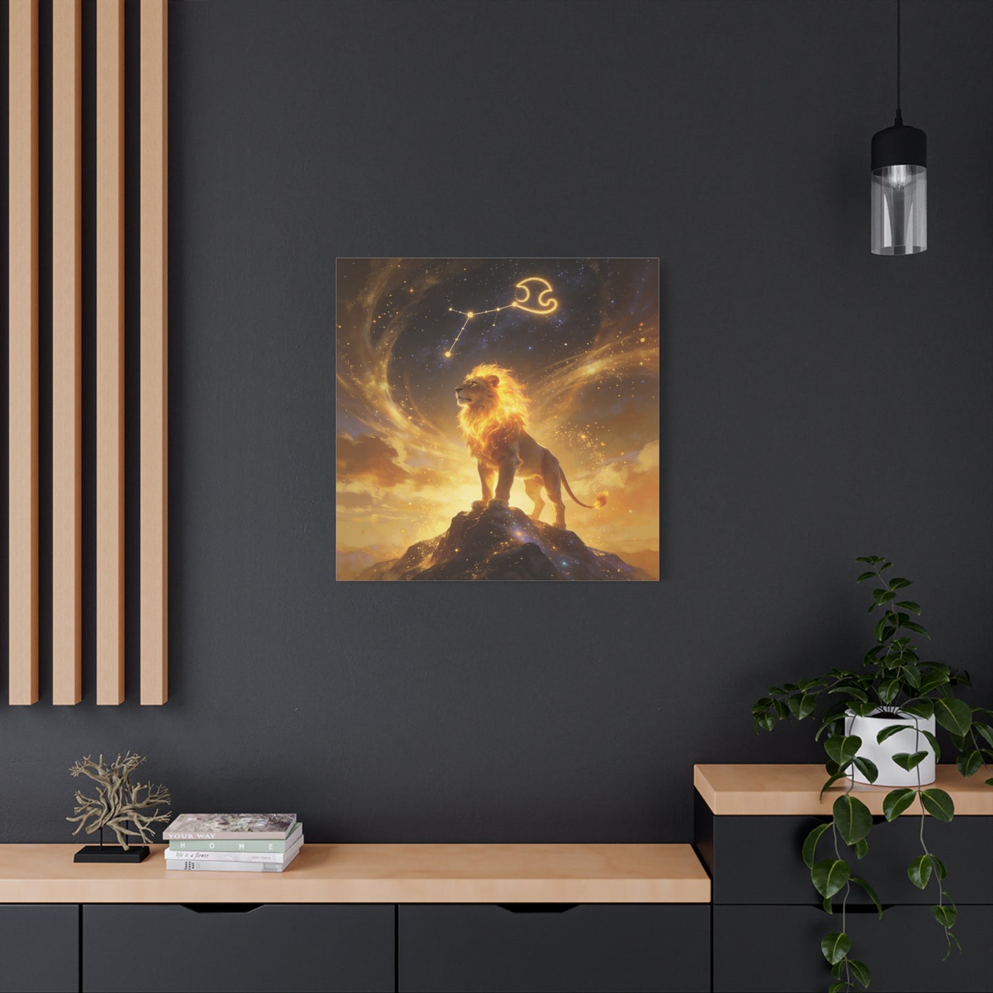 Leo Zodiac Lion Canvas Wall Art - Celestial Astrology Constellation Print, Glowing Gold Cosmic Sky - Fantasy Style, Living Room Wall Decor Bedroom Home Decoration Office Art - Bedroom Home Decoration