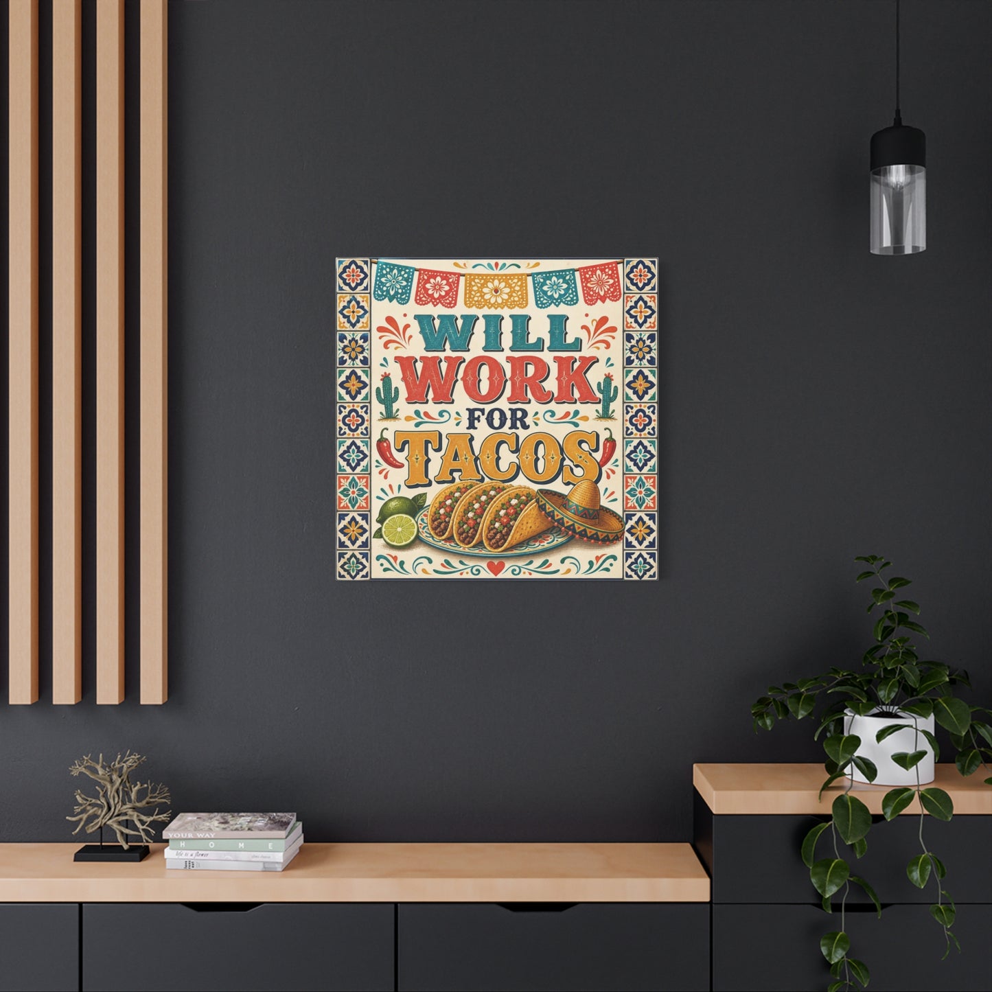 "Will Work For Tacos" Canvas Wall Art - Talavera Tile Typography, Papel Picado, Cactus And Taco Illustration - Fiesta Style Cotton Print - Kitchen Decor, Dining Room Accent, Cafe Interior
