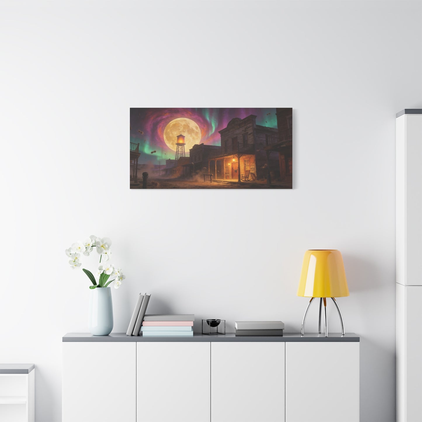 Moonlit Western Town Canvas Wall Art - Surreal Desert Street, Water Tower, Aurora Sky - Matte Cotton Art Print - Vintage Frontier Style, Living Room Wall Decor Office Accent - Bedroom Home Decoration