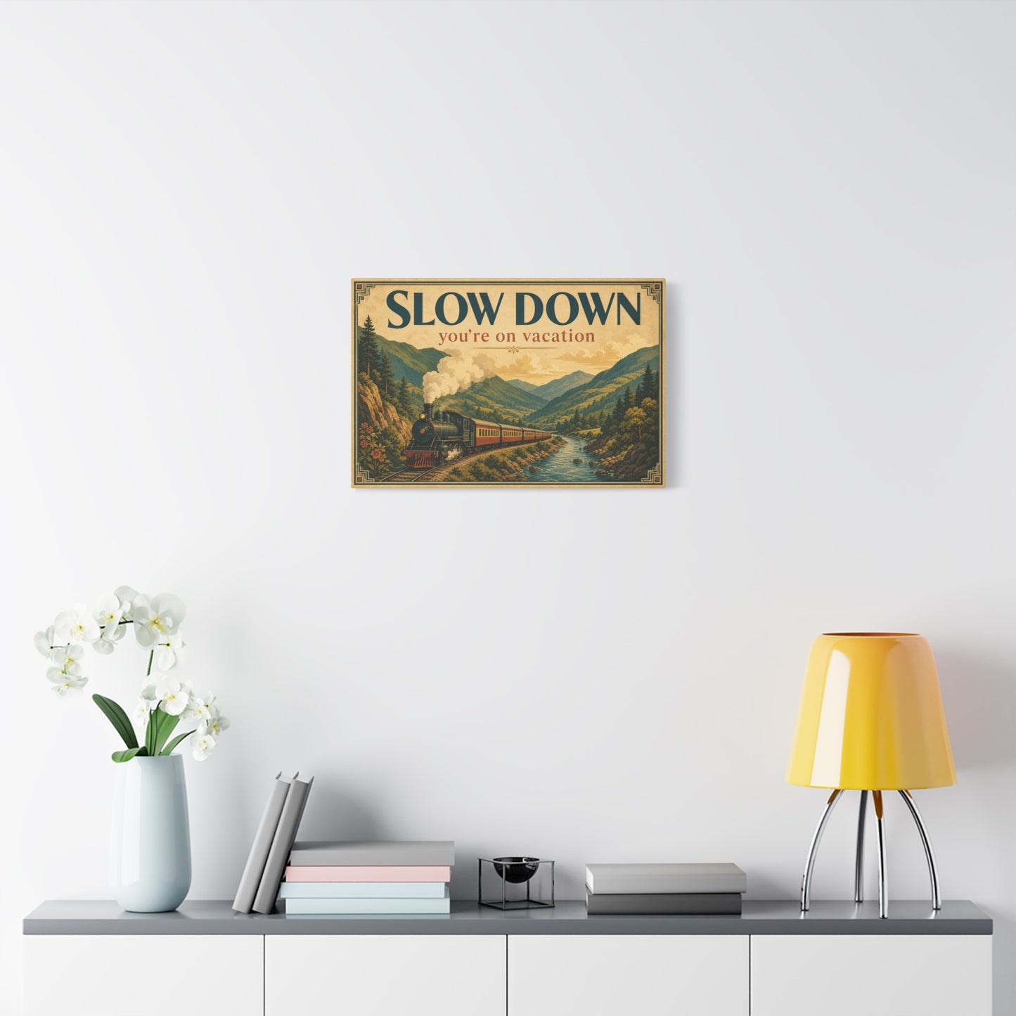 "Slow Down You're On Vacation" Vintage Train Canvas Wall Art - Mountain River Travel Poster Style, Retro Landscape Home Decor - Rustic Cabin Living Room Decoration, Vacation Rental Accent