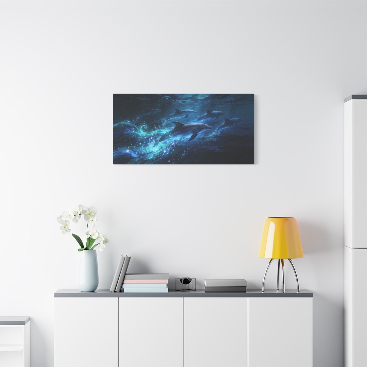 Dolphin Pod Canvas Wall Art - Glowing Underwater Ocean Scene, Blue Fantasy Marine Print - Matte Cotton Artwork - Coastal Style Living Room Wall Decor, Bedroom Home Decoration - Bedroom Home Decoration