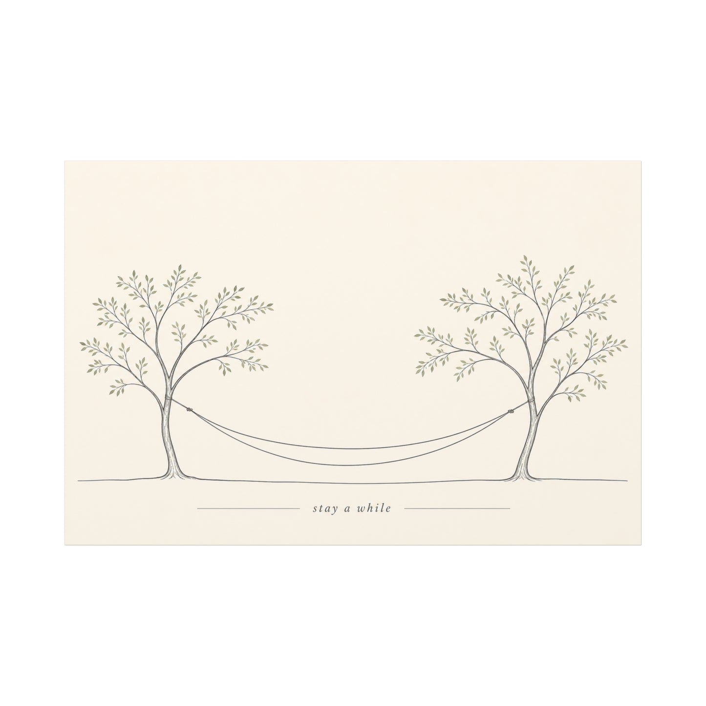 "Stay A While" Hammock Between Trees Canvas Wall Art - Minimalist Botanical Line Drawing, Neutral Beige Cotton Canvas Print - Bedroom Wall Decor, Living Room Home Decoration - Bedroom Home Decoration