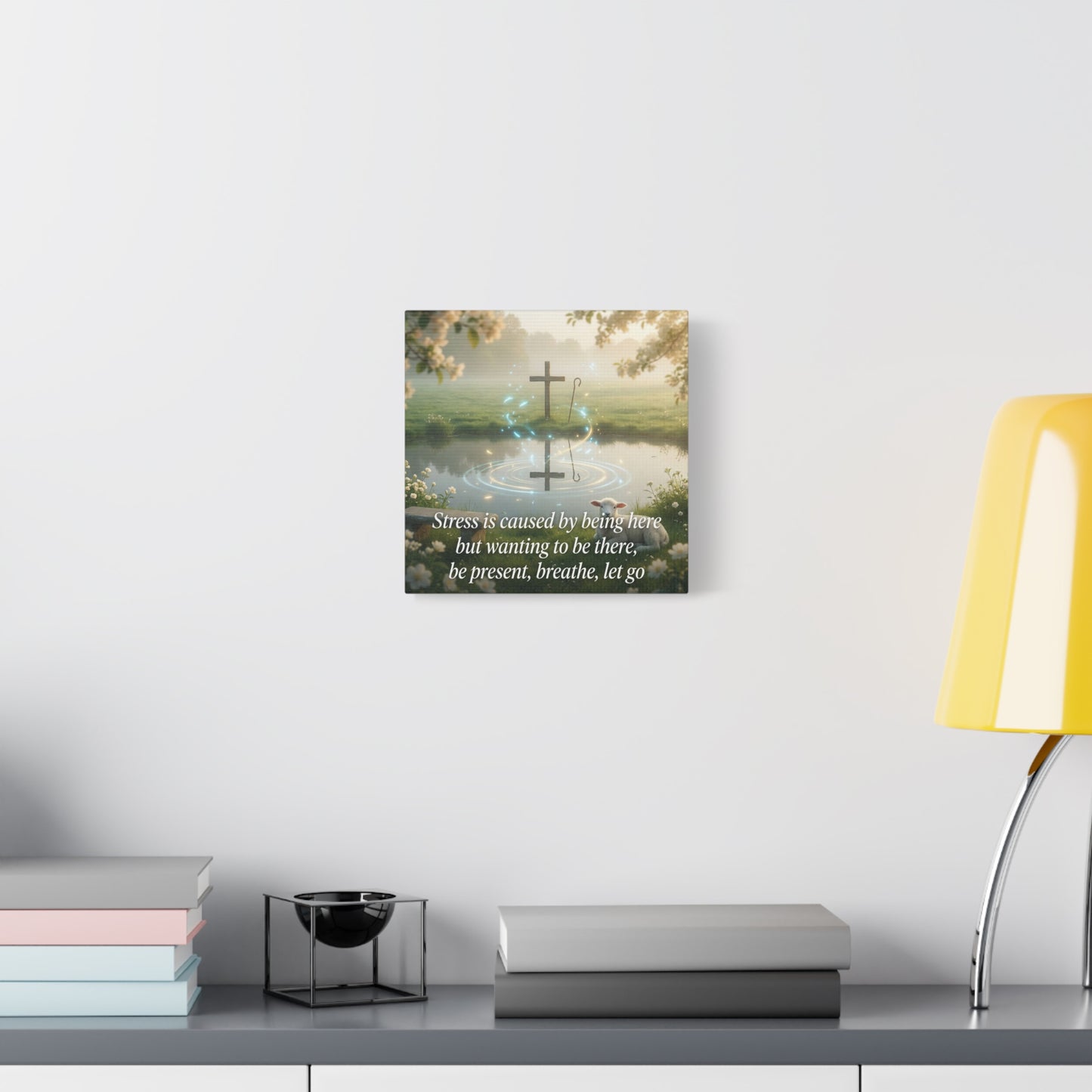 "Stress is caused by being here but wanting to be there, be present, breathe, let go" Cross Canvas Wall Art - Christian Inspirational Pond Scene - Traditional Style - Bedroom Wall Decor