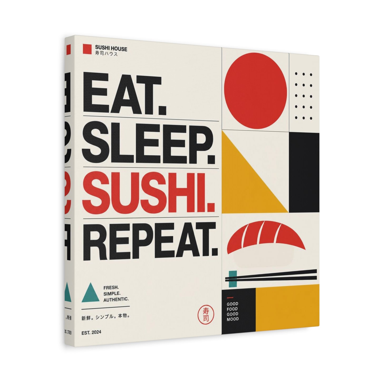 "Eat. Sleep. Sushi. Repeat." Sushi Canvas Wall Art - Japanese Typography Print, Geometric Food Poster Design - Modern Minimalist Cotton Canvas - Cafe Decor, Kitchen Accent, Dining Room Artwork