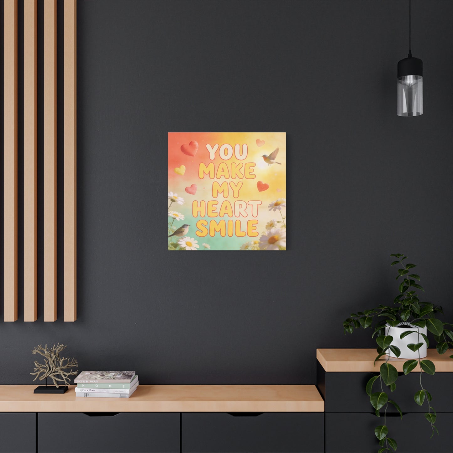 "You Make My Heart Smile" Inspirational Canvas Wall Art - Daisy And Songbird Quote Print, Pastel Typography Decor, Cheerful Bedroom Wall Hanging, Nursery Home Accent - Bedroom Home Decoration
