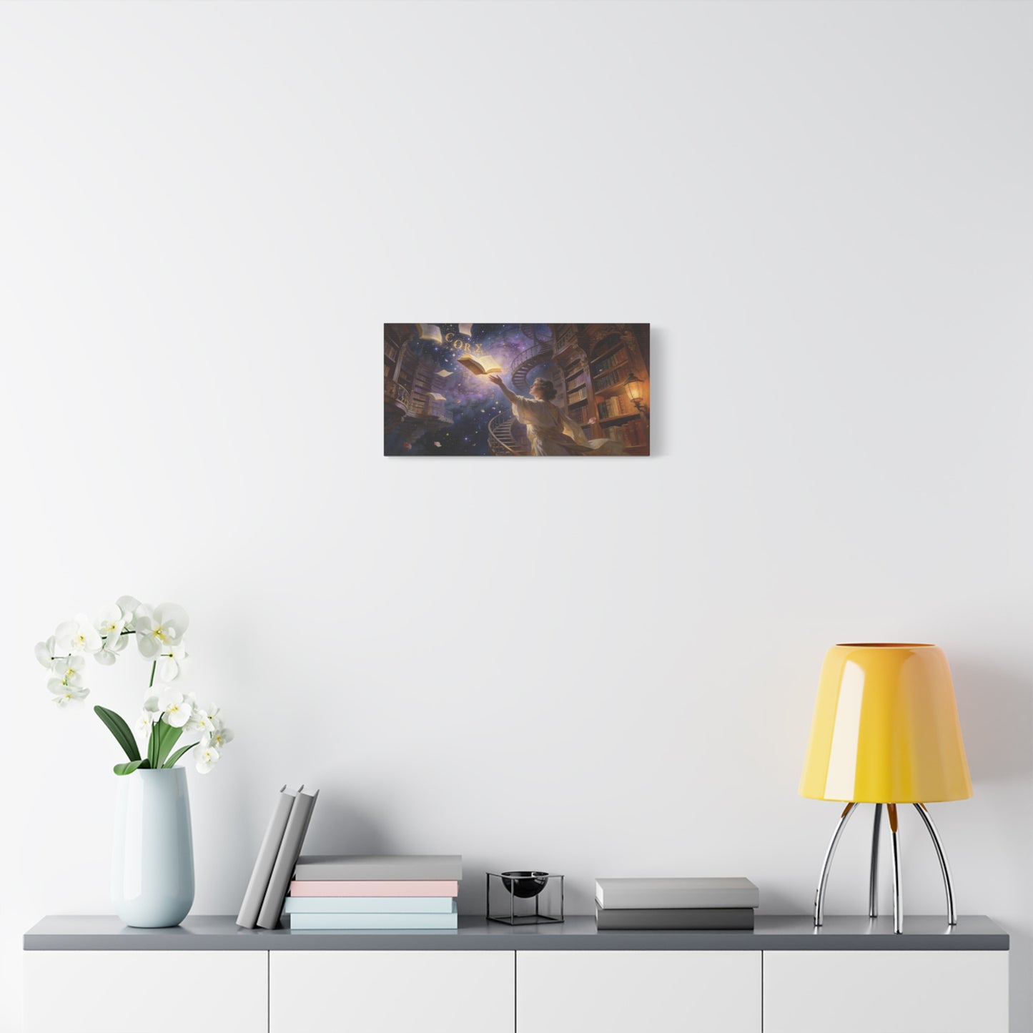 "CORZ" Fantasy Library Canvas Wall Art - Woman Reaching For Floating Book, Celestial Bookshelves, Spiral Staircase - Matte Cotton Print - Surreal Reading Room Decor, Office Art - Workspace Wall Decor