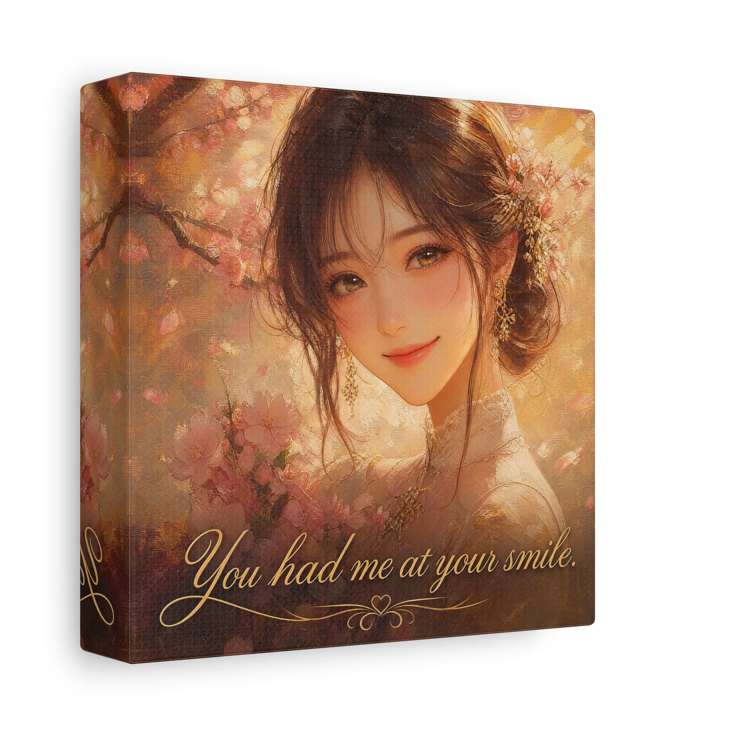You Had Me At Your Smile Portrait Canvas Wall Art - Romantic Floral Woman Quote Print - Golden Blush Illustration - Traditional Style Living Room Decor - Ready to Hang - Living Room Wall Decor