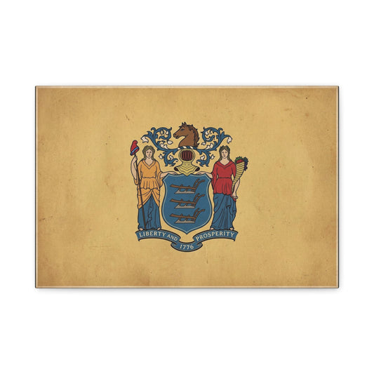 "Liberty And Prosperity 1776" New Jersey State Flag Canvas Wall Art - Vintage Tan Crest Banner Print, Patriotic Heritage Decor - Office Wall Art