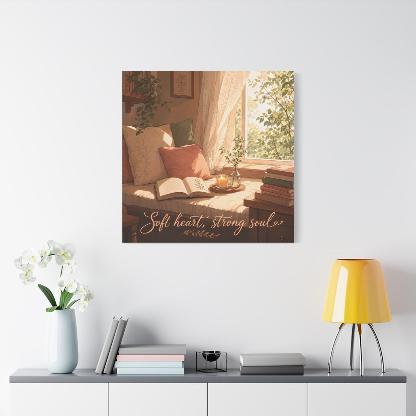 "Soft Heart, Strong Soul" Reading Nook Canvas Wall Art - Sunlit Window Seat, Books, Candle, Botanical Bedroom Decor - Cozy Cottagecore Style - Living Room Wall Decor - Bedroom Home Decoration