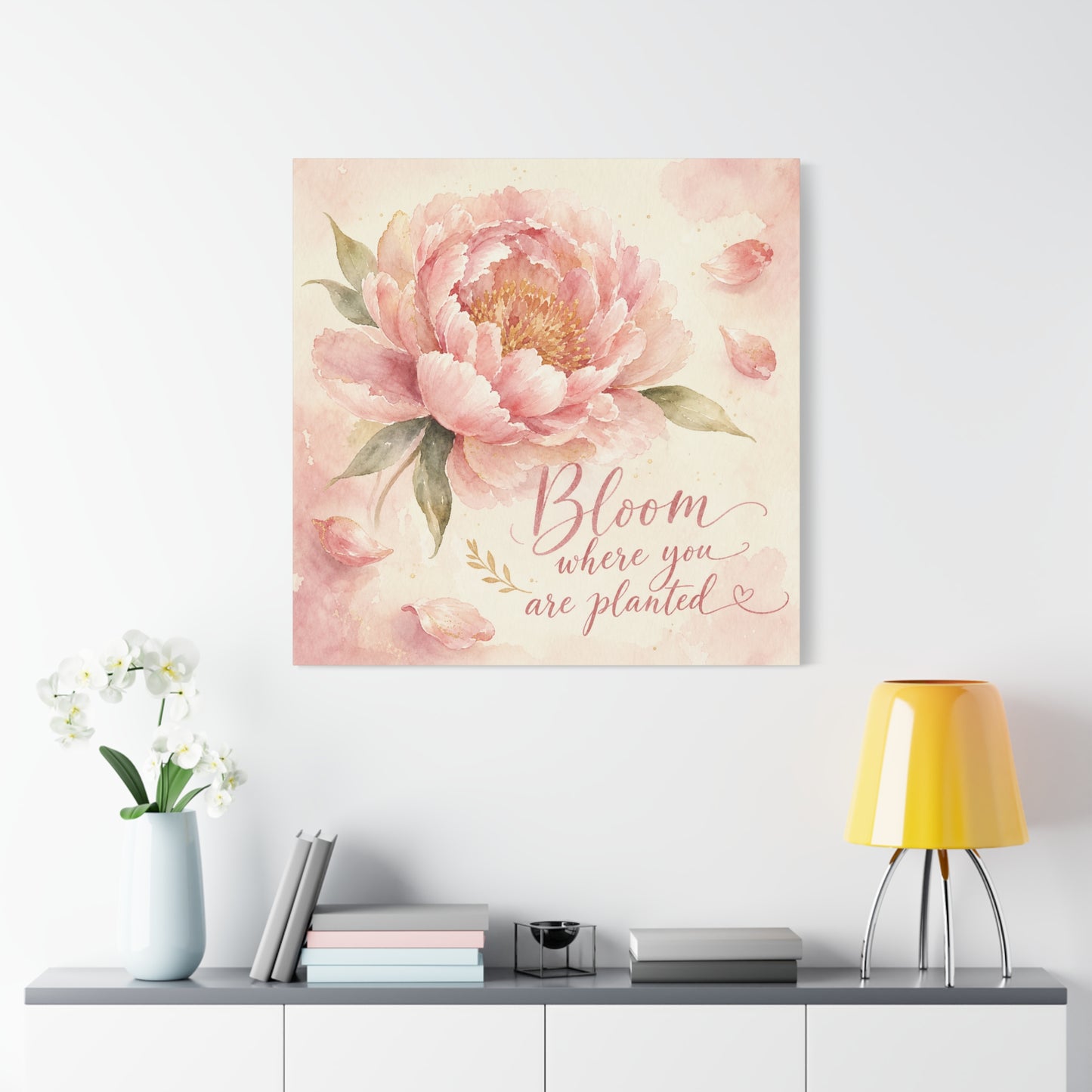 "Bloom Where You Are Planted" Peony Canvas Wall Art - Pink Watercolor Floral Quote Print, Soft Botanical Decor, Bedroom Wall Hanging, Feminine Farmhouse Style - Bedroom Home Decoration - Ready to Hang