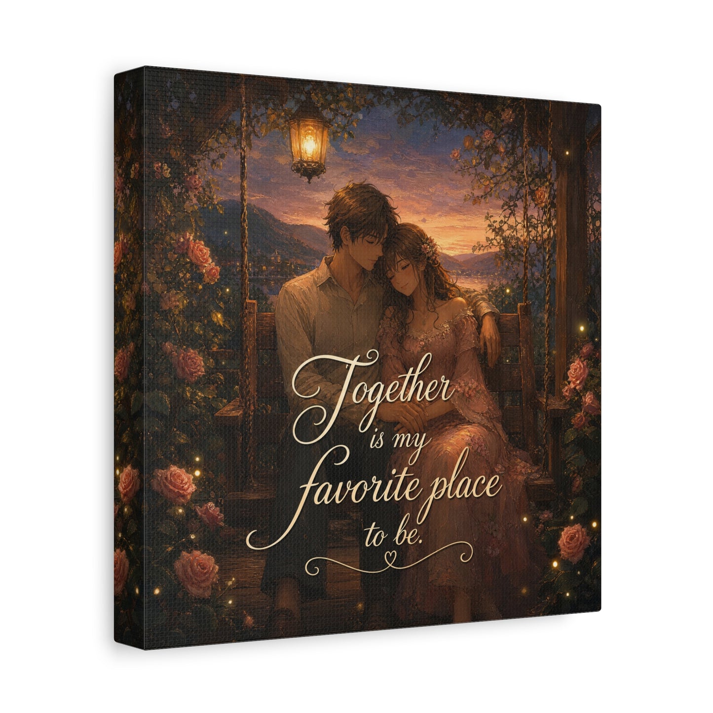 "Together Is My Favorite Place To Be" Romantic Couple Canvas Wall Art - Lantern Swing Sunset Lake Scene, Floral Garden Love Quote Print - Vintage Bedroom Decor - Office Wall Art - Ready to Hang