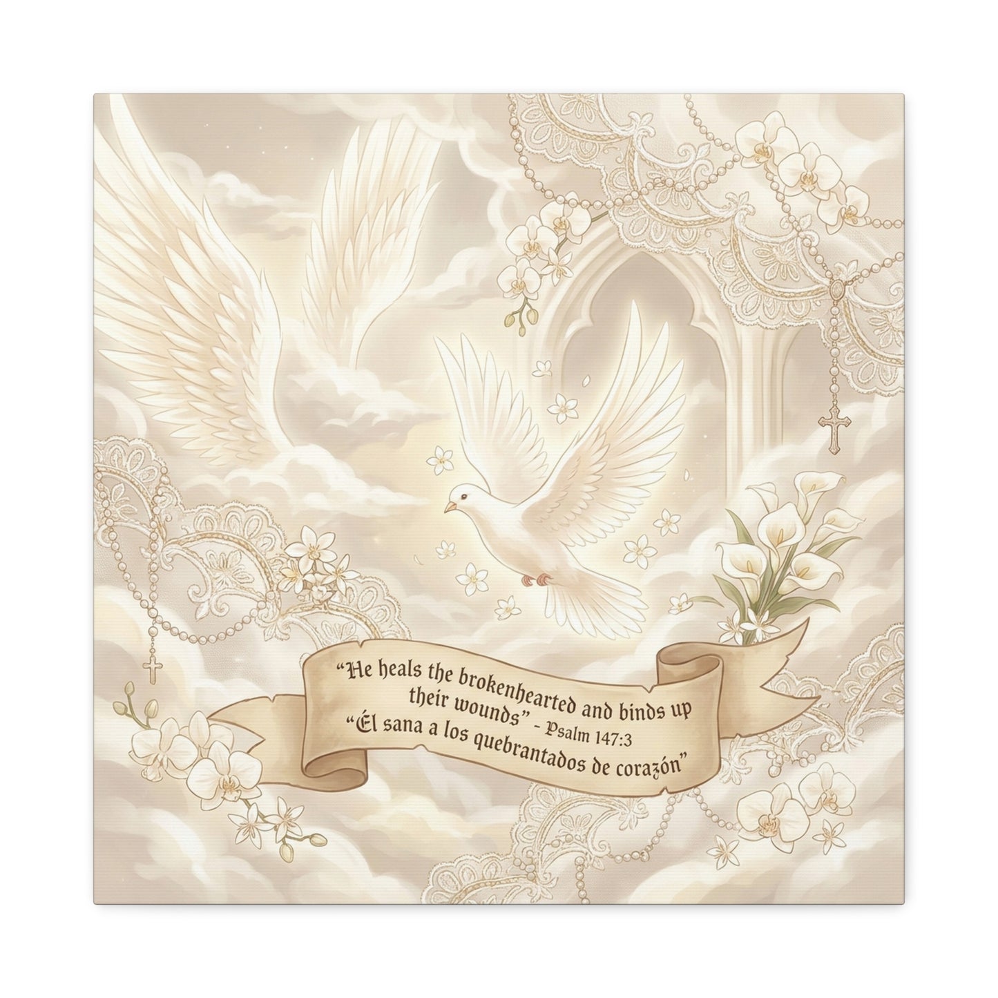 "He Heals The Brokenhearted And Binds Up Their Wounds" Canvas Wall Art - Dove, Cross, Psalm 147:3 Scripture Print - Beige Floral Christian Decor - Bedroom Living Room Home Decoration - Office Wall Art