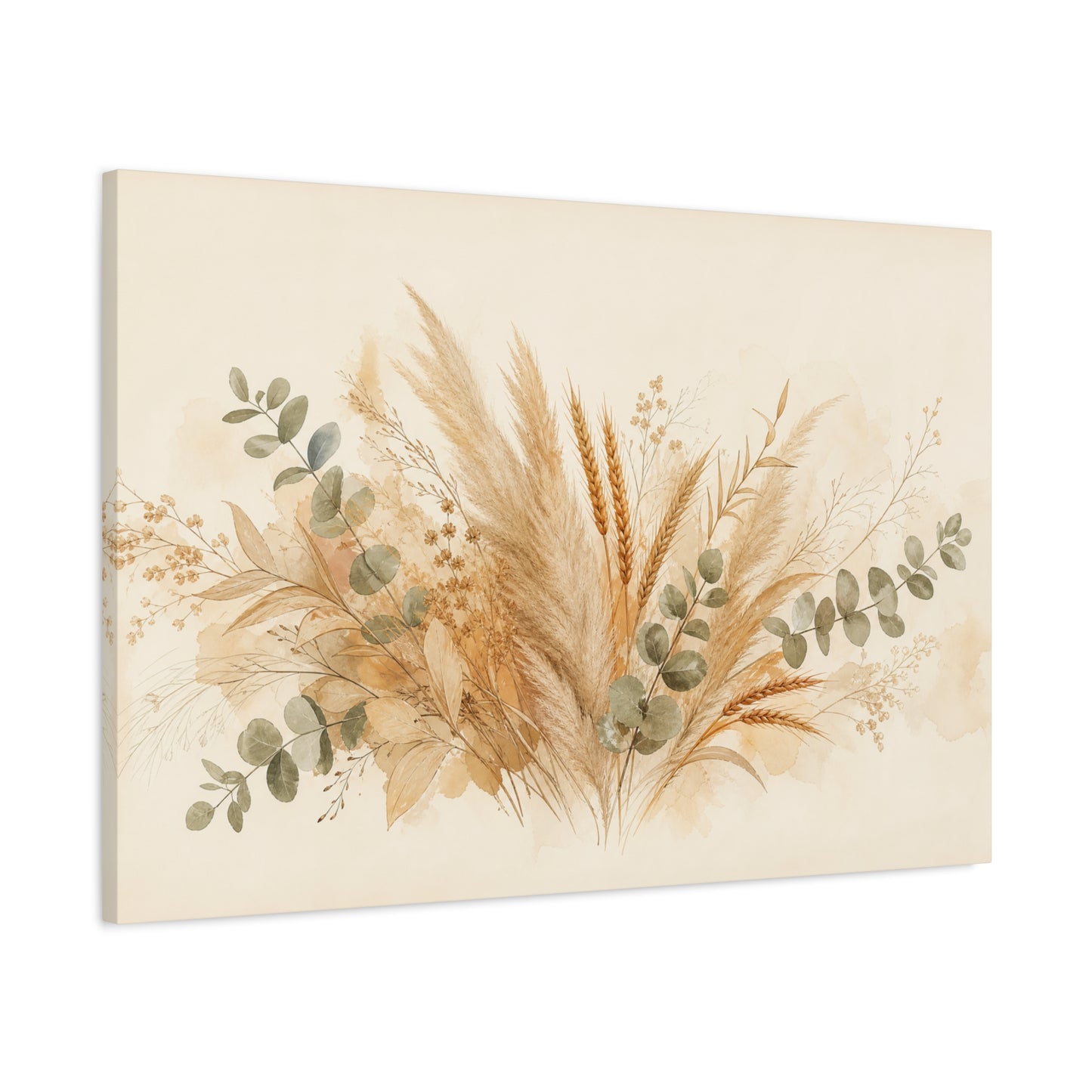Neutral Botanical Canvas Wall Art - Pampas Grass, Wheat Stems, Eucalyptus Print - Soft Beige Sage Floral Composition - Modern Farmhouse Style - Living Room Wall Decor, Bedroom Home Decoration