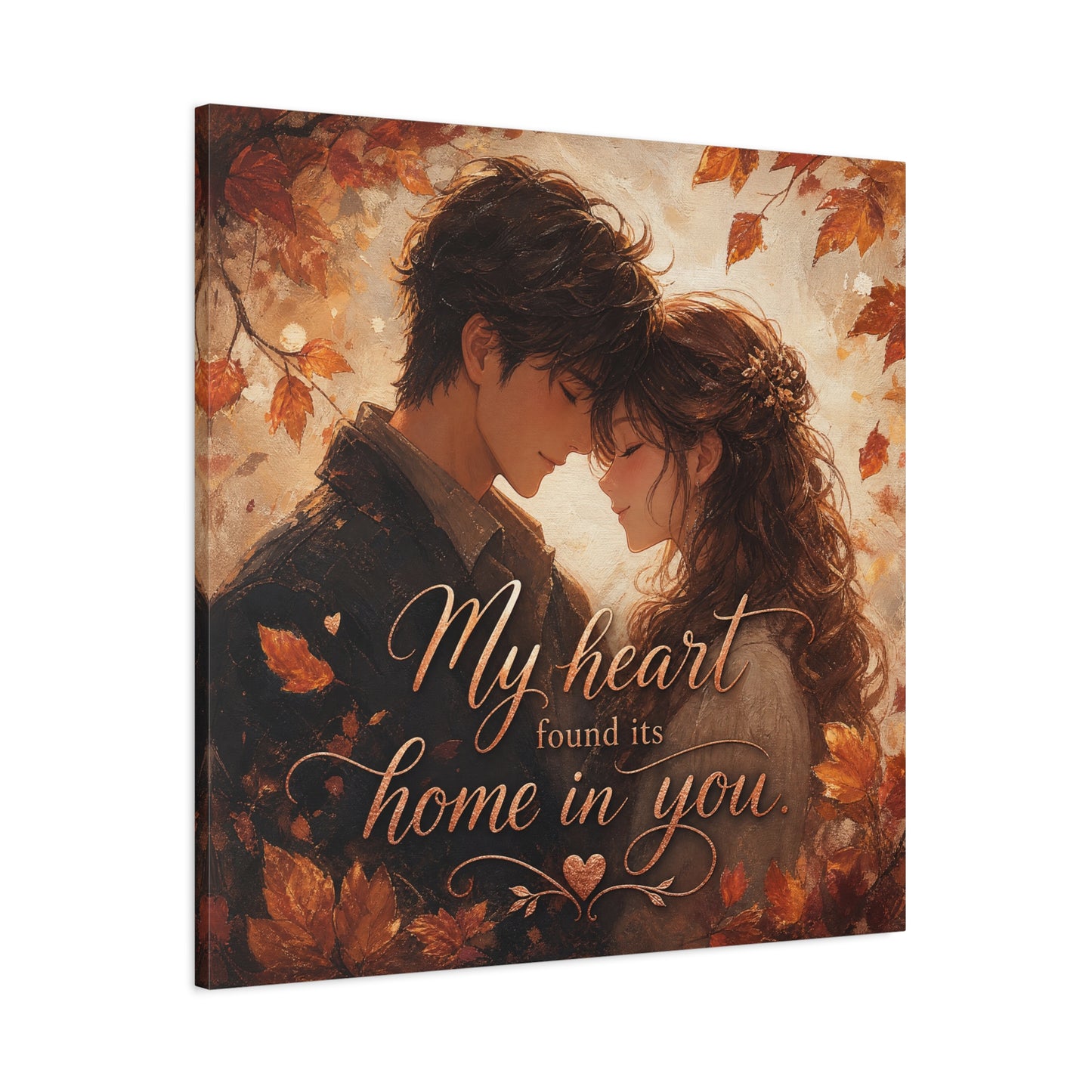 "My Heart Found Its Home In You" Romantic Couple Canvas Wall Art - Autumn Leaves Love Quote Print, Warm Rustic Traditional Style - Bedroom Wall Decor - Ready to Hang - Bedroom Home Decoration