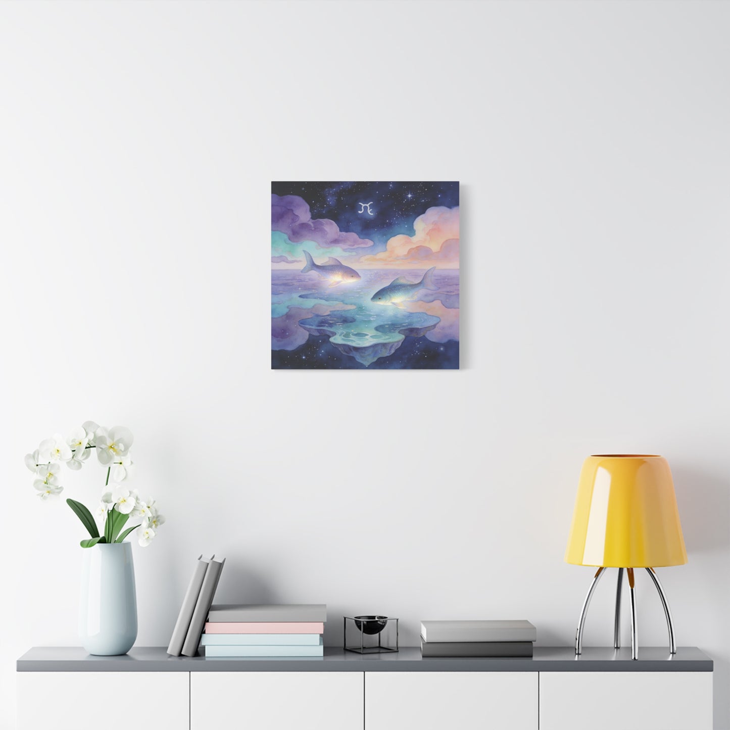 Pisces Zodiac Canvas Wall Art - Celestial Fish Over Dreamlike Sea, Watercolor Illustration - Mystical Night Sky, Matte Canvas Print - Bedroom Wall Decor, Meditation Space Accent - Ready to Hang