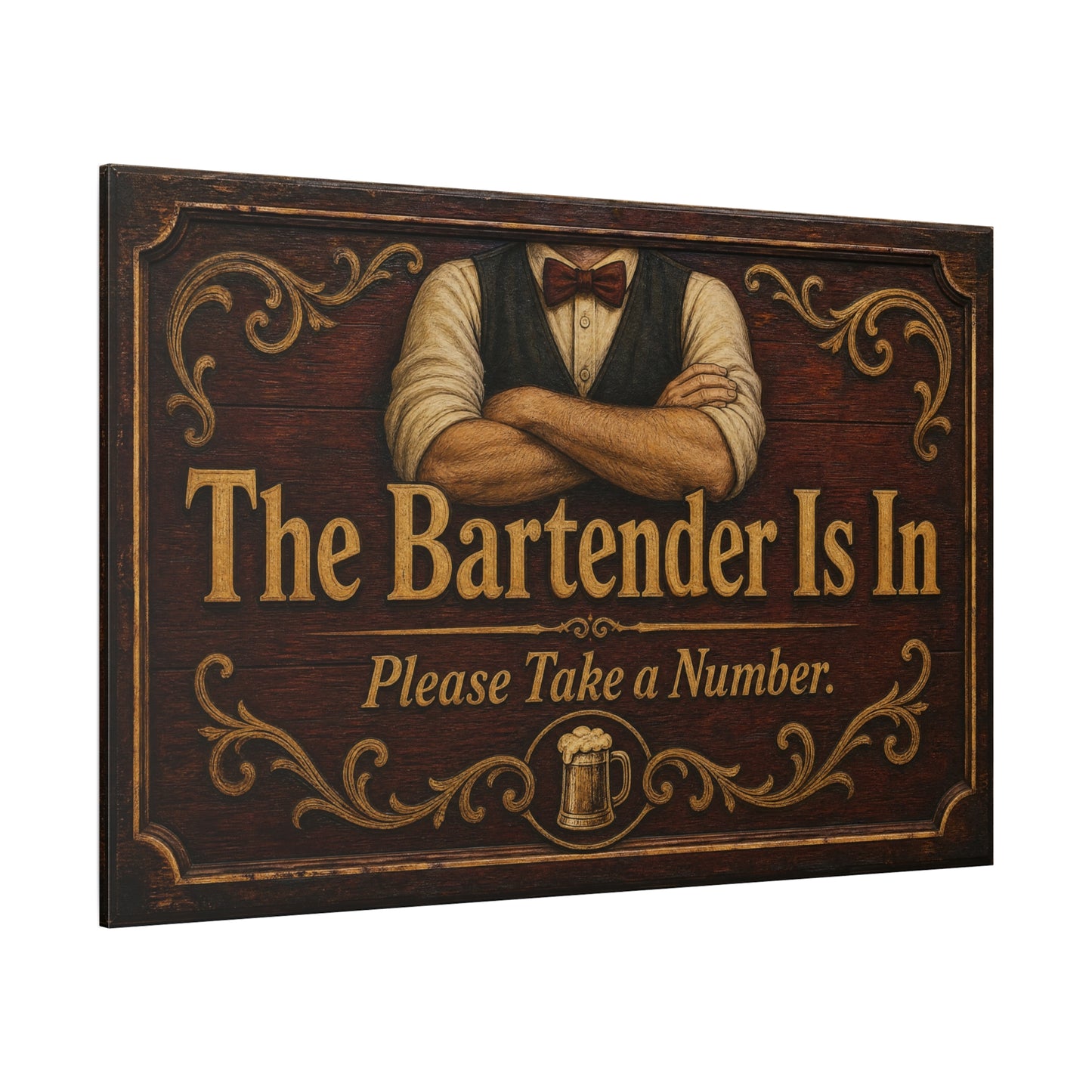 "The Bartender Is In Please Take A Number" Canvas Wall Art - Vintage Rustic Bar Sign Decor, Brown Woodgrain Tavern Style, Home Bar Decoration, Pub Room Accent - Ready to Hang - Pub Wall Art