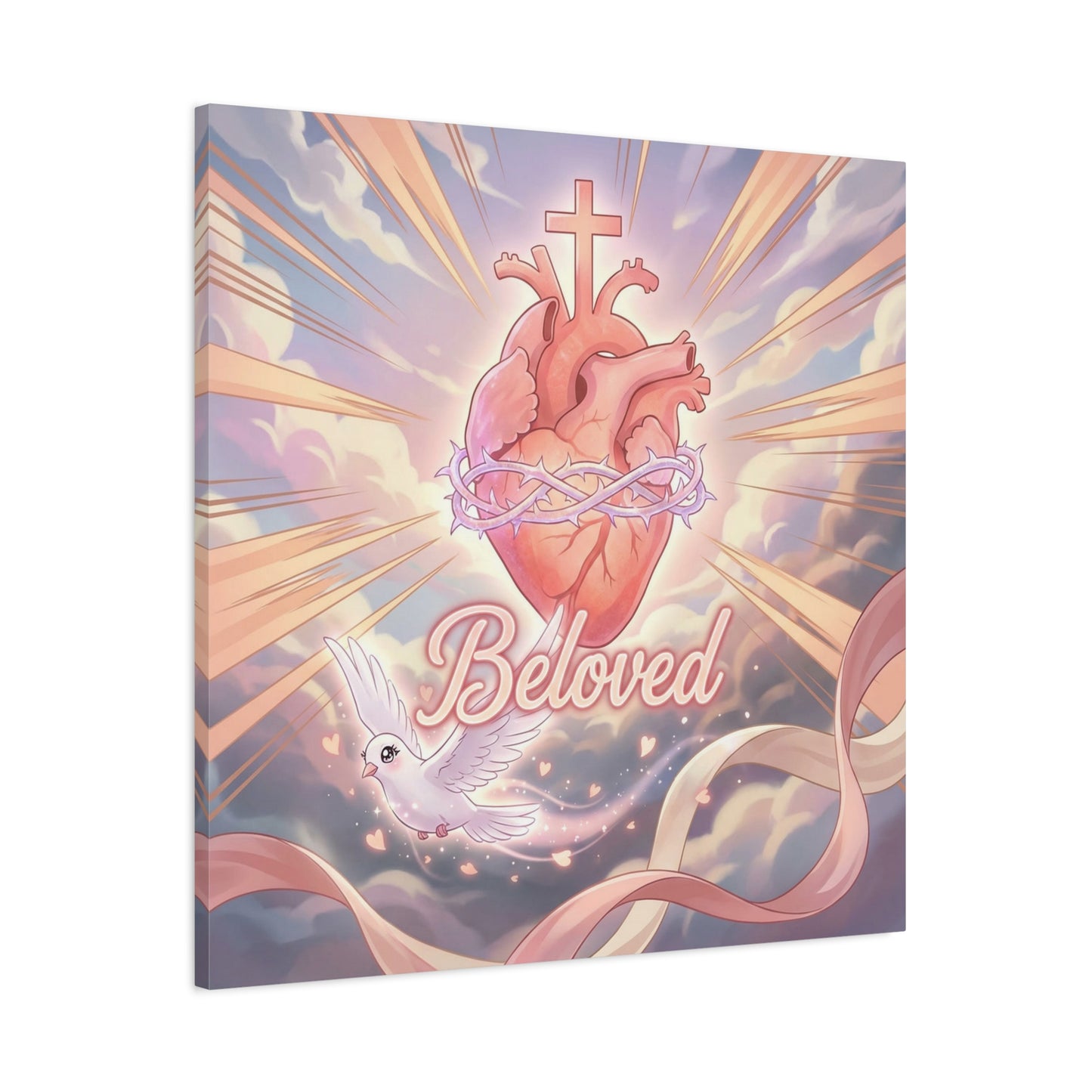 "Beloved" Sacred Heart Canvas Wall Art - Cross, Dove, Crown Of Thorns Christian Decor - Pink Pastel Religious Print - Inspirational Bedroom Home Decoration, Living Room Wall Decor - Ready to Hang