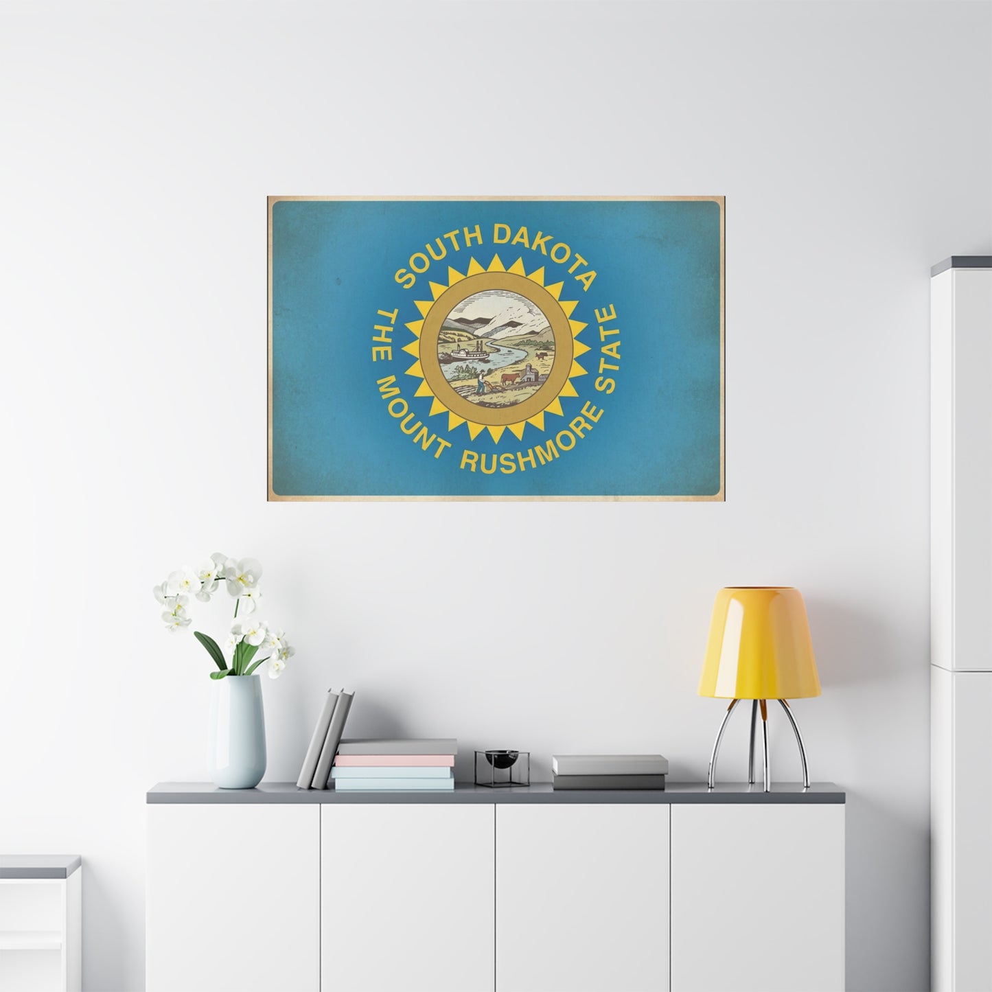 "South Dakota The Mount Rushmore State" Flag Canvas Wall Art - Vintage State Pride Decor, Blue Banner Print, Rustic Americana Style, Living Room Wall Decor, Office Art - Bedroom Home Decoration
