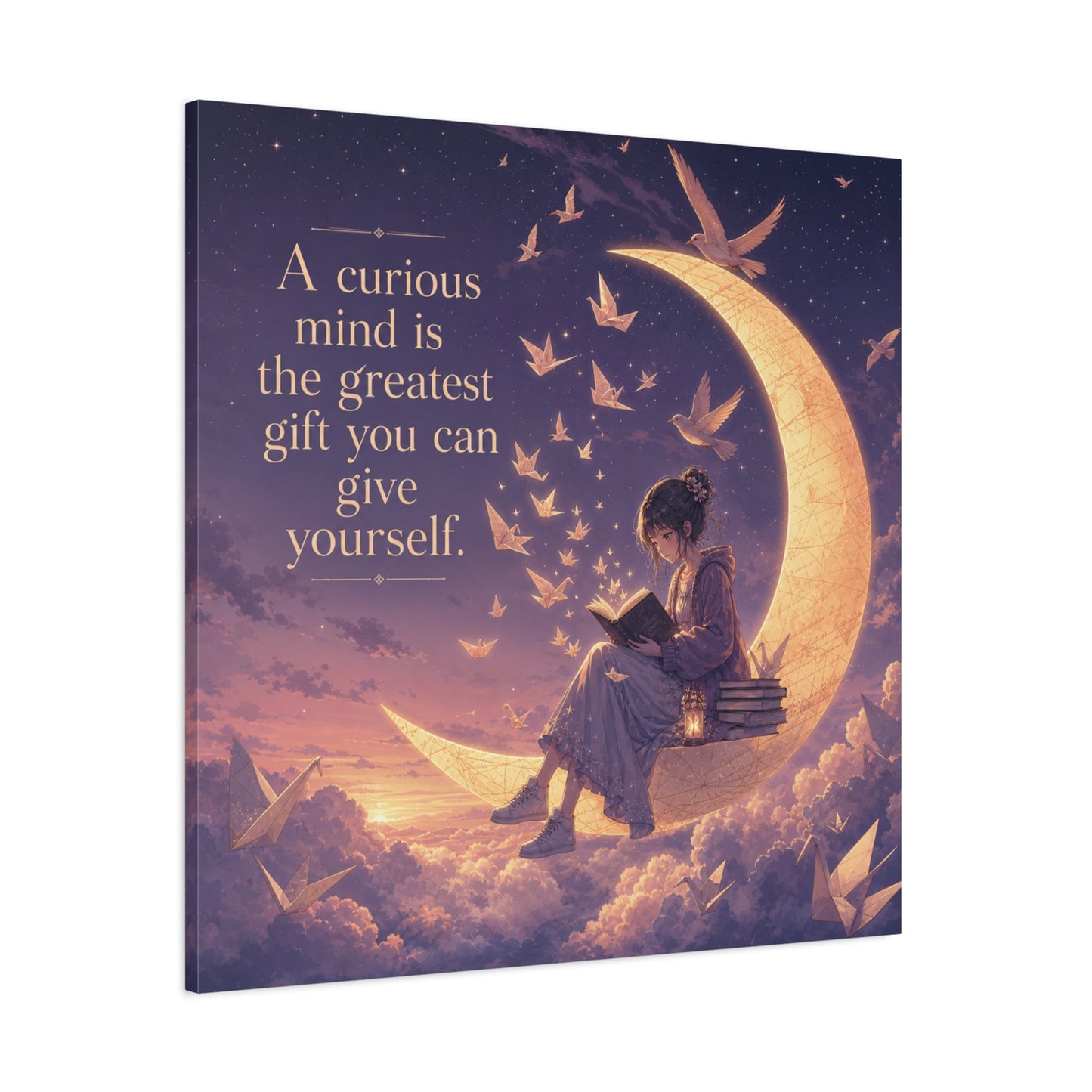 "A Curious Mind Is The Greatest You Can Give Yourself" Canvas Wall Art - Moon Reading Girl Quote Print, Dreamy Celestial Illustration - Bedroom Wall Decor, Home Office Accent - Ready to Hang
