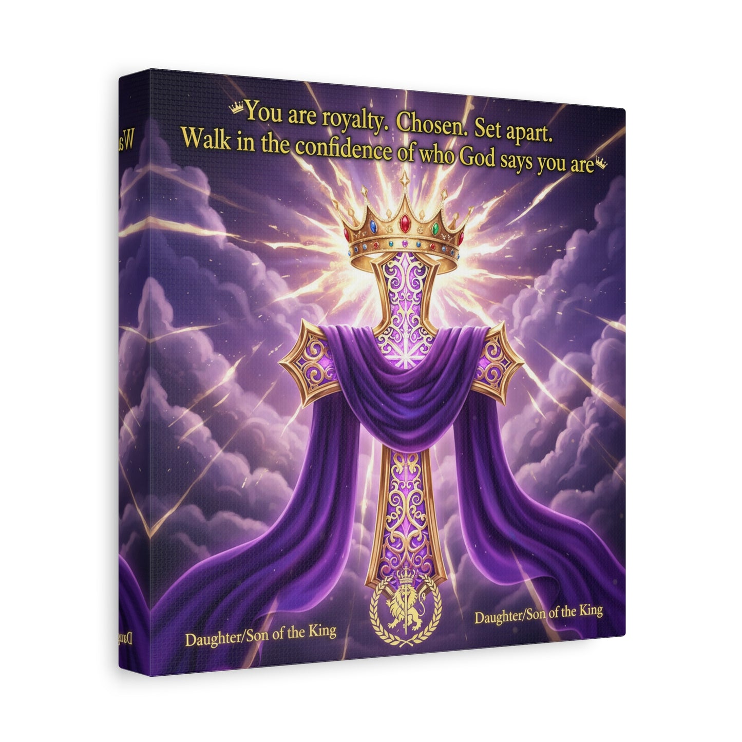 "You Are Royalty. Chosen. Set Apart." Christian Canvas Wall Art - Crowned Cross With Purple Draped Cloth, Daughter Son Of The King Quote - Religious Wall Decor For Bedroom, Office - Ready to Hang