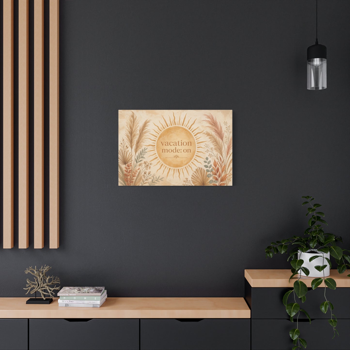 "Vacation Mode: On" Sun Quote Canvas Wall Art - Boho Botanical Typography Print, Neutral Pampas Grass Decor, Coastal Bedroom Wall Hanging, Living Room Home Decoration, Vacation Rental Accent
