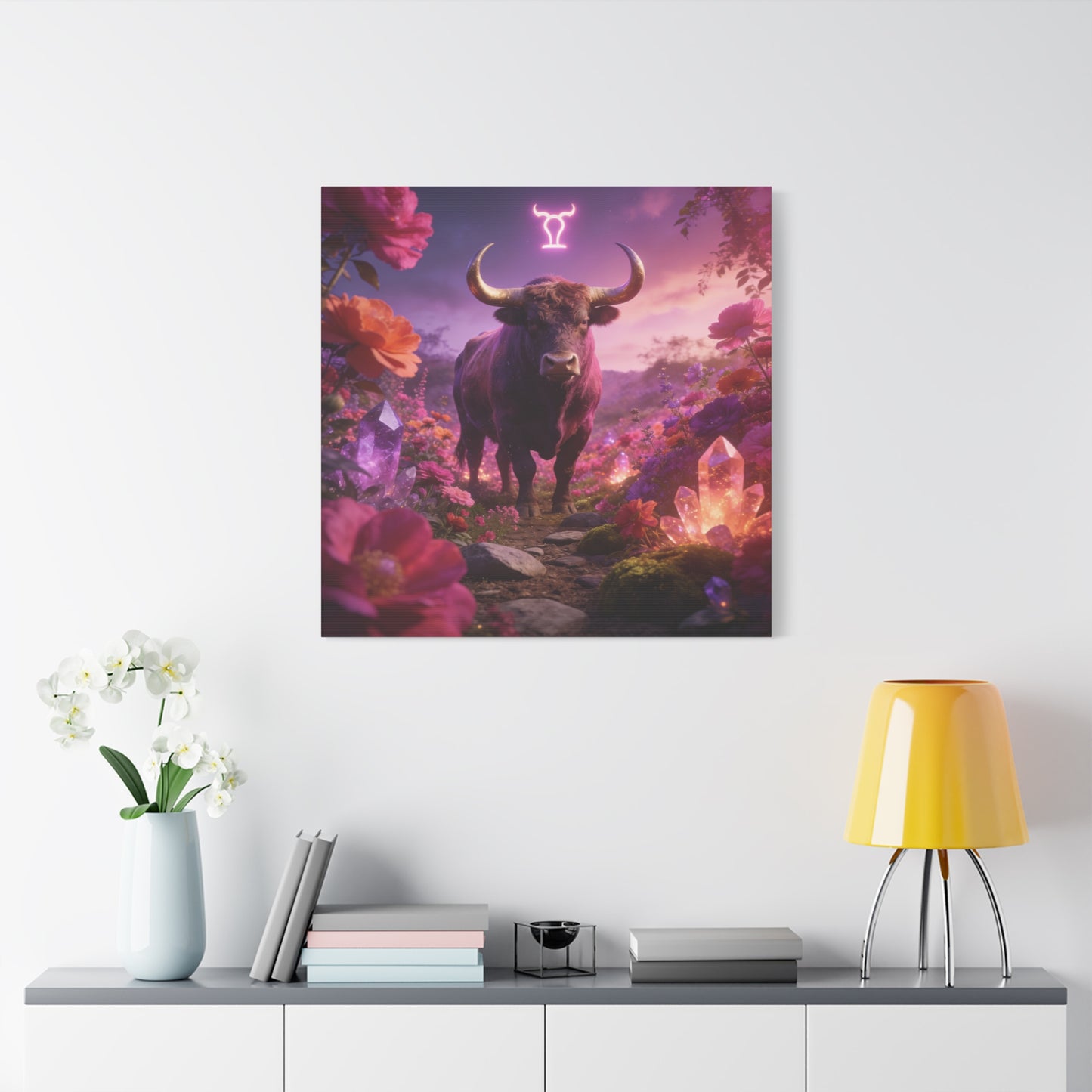 Taurus Zodiac Bull Canvas Wall Art - Neon Taurus Symbol, Floral Crystal Fantasy Print - Dreamy Purple Pink Celestial Decor - Bedroom Home Decoration, Bohemian Living Room Accent - Office Wall Art