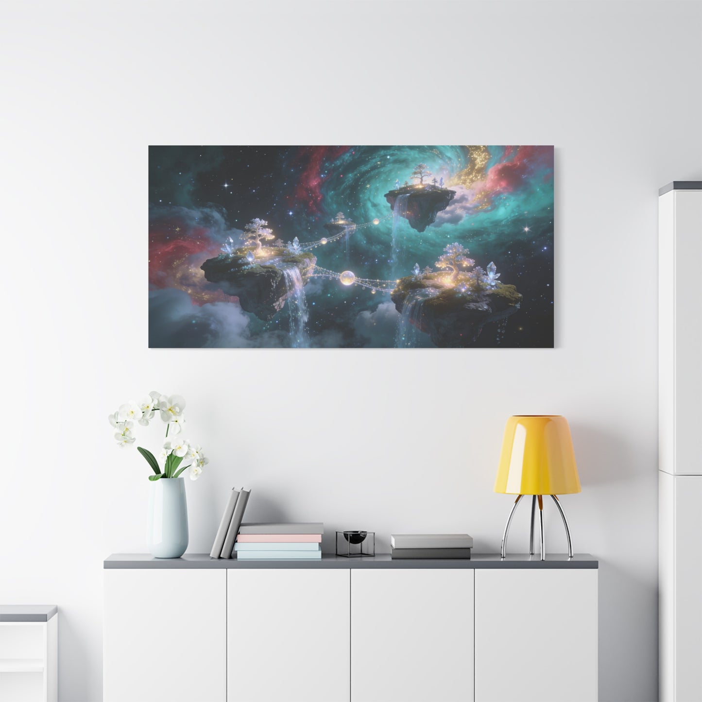 Floating Islands Canvas Wall Art - Fantasy Galaxy Sky, Waterfalls, Crystal Trees - Dreamlike Cosmic Landscape Canvas Print - Contemporary Wall Decor For Living Room Bedroom Office - Ready to Hang