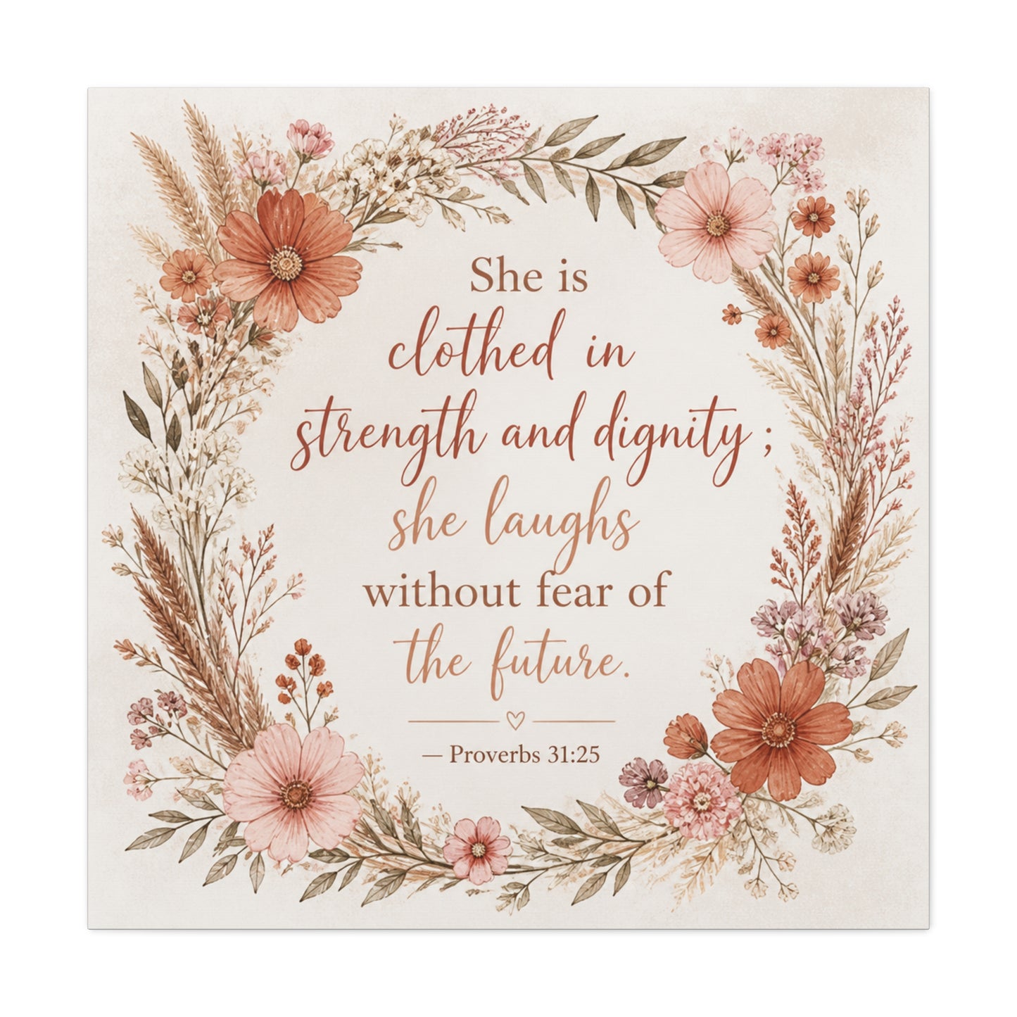 "She Is Clothed In Strength And Dignity" Floral Canvas Wall Art - Proverbs 31:25 Scripture Quote, Blush Wildflower Wreath, Farmhouse Style, Bedroom Wall Decor - Bedroom Home Decoration - Ready to Hang