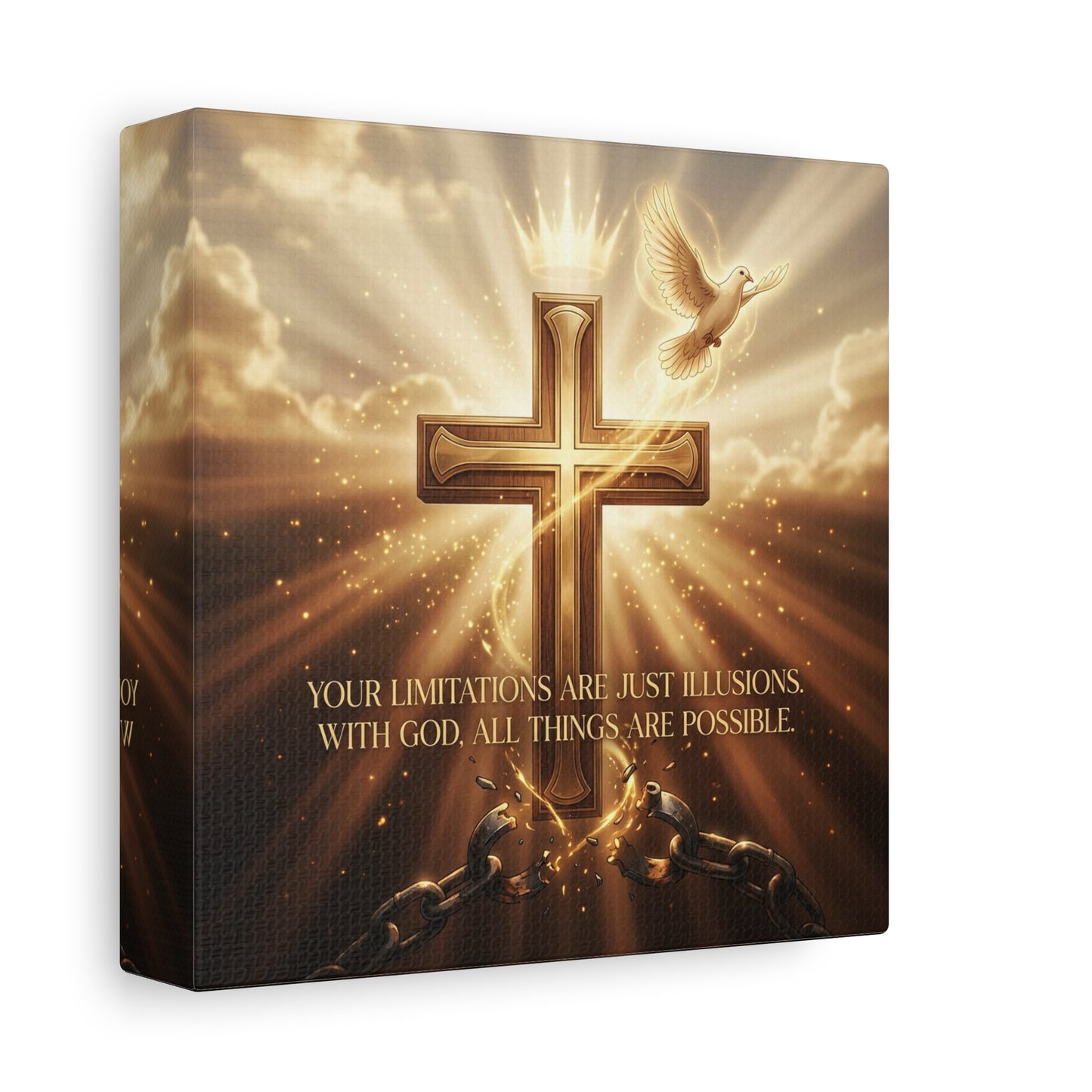"Your Limitations Are Just Illusions. With God, All Things Are Possible." Christian Canvas Wall Art - Glowing Cross, White Dove, Crown, Broken Chains - Gold Religious Wall Decor For Living Room