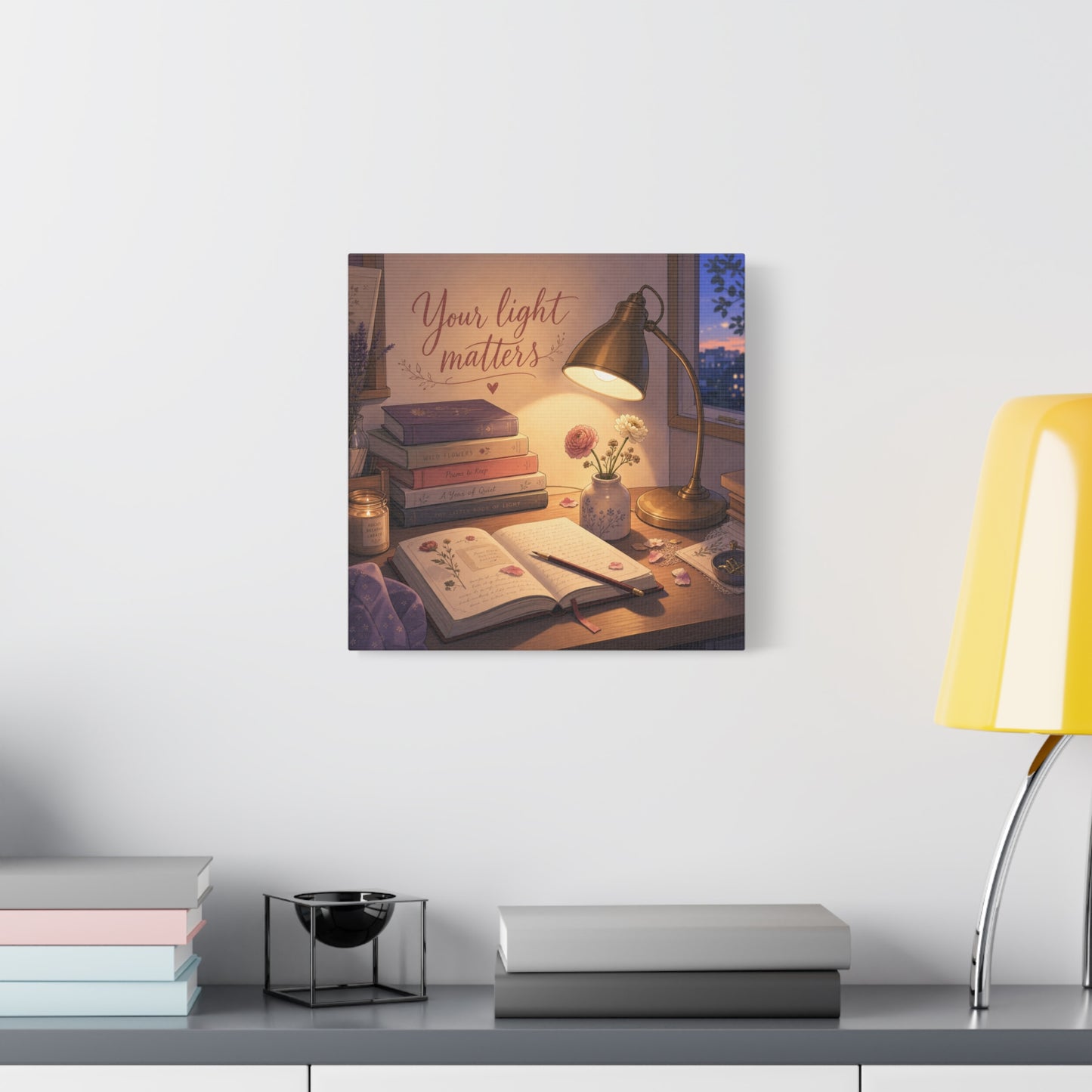 "Your Light Matters" Inspirational Canvas Wall Art - Cozy Desk Lamp Books Floral Print - Warm Vintage Bedroom Wall Decor - Reading Nook Home Decoration - Ready to Hang - Bedroom Home Decoration