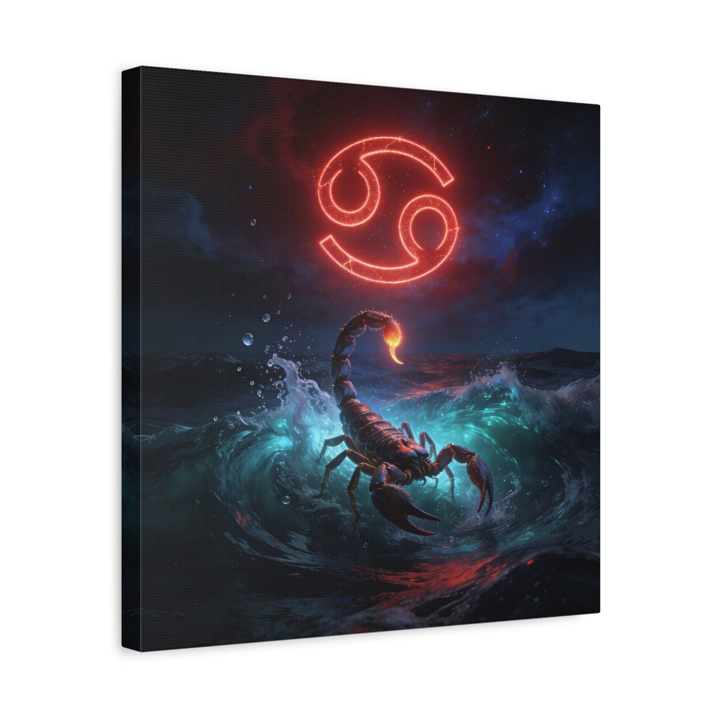 Cancer Zodiac Canvas Wall Art - Neon Crab Ocean Astrology Print, Celestial Night Seascape, Matte Canvas Decor, Bedroom Home Decoration, Living Room Wall Decor, Modern Space Style - Ready to Hang