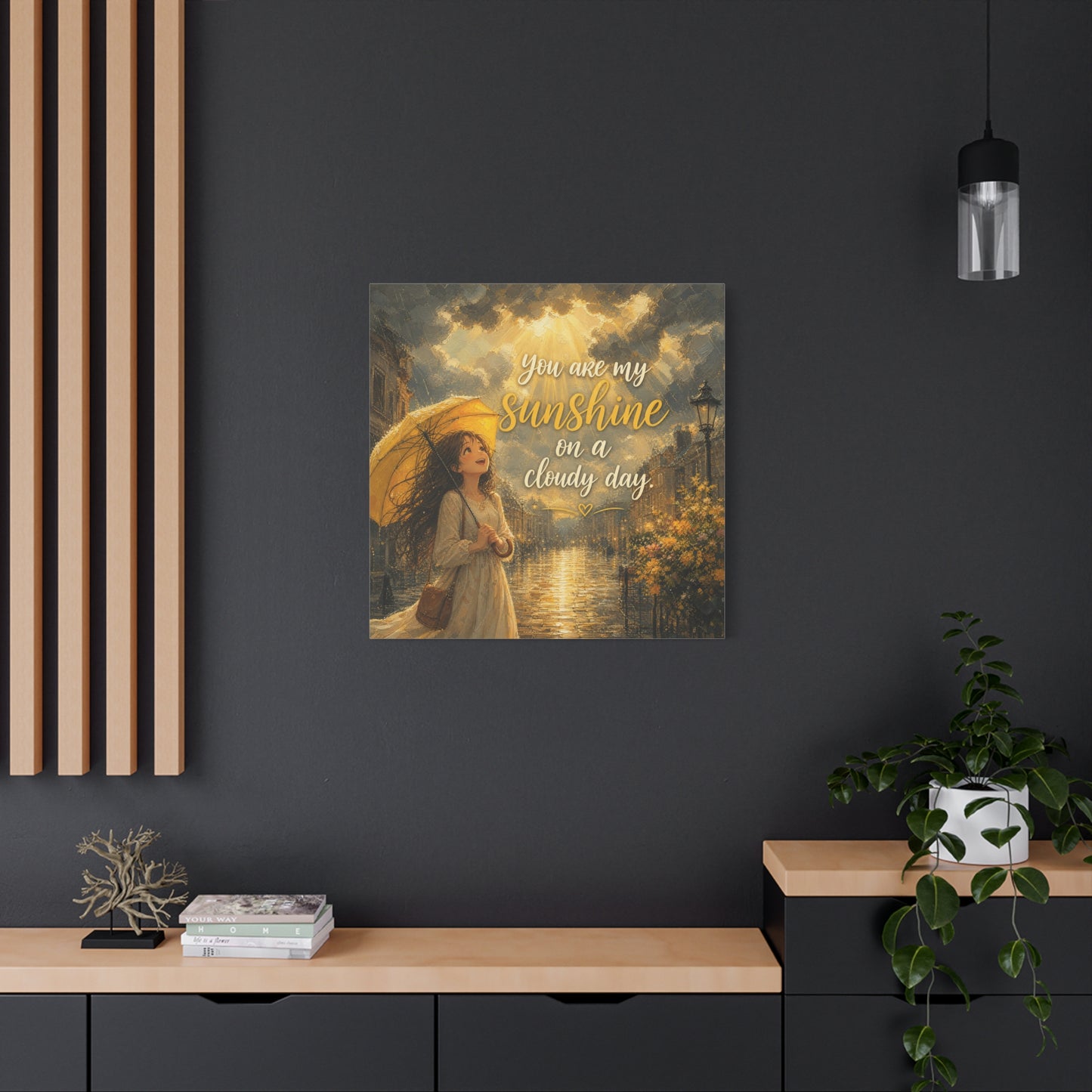 "You Are My Sunshine On A Cloudy Day" Canvas Wall Art - Girl With Yellow Umbrella Quote Print - Golden Rainy Street Painting, Inspirational Decor - Bedroom Home Decoration - Living Room Wall Decor