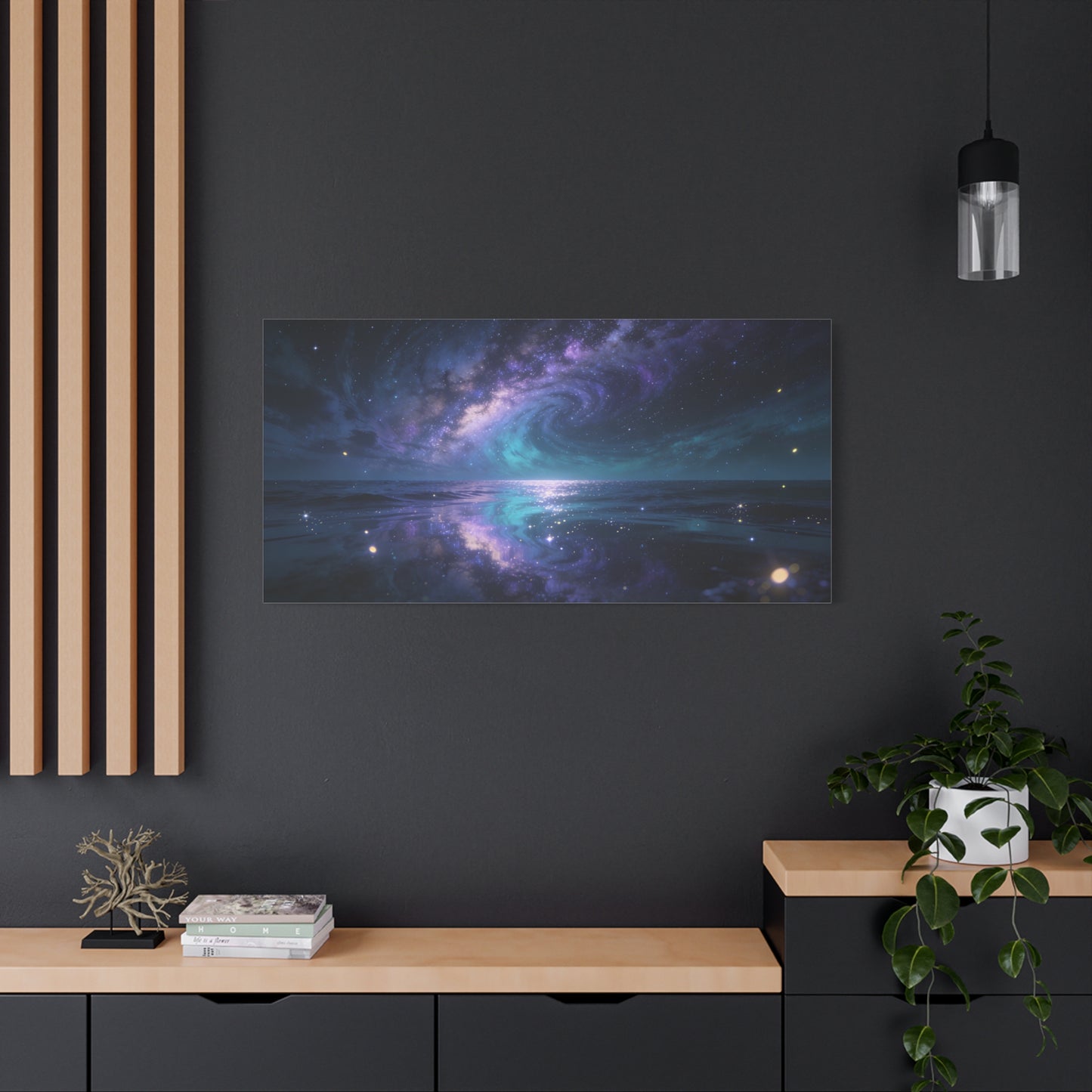 Galaxy Ocean Canvas Wall Art - Swirling Milky Way Night Seascape, Celestial Horizon Reflection - Matte Cotton Art Print - Contemporary Space Decor For Living Room Bedroom Office - Ready to Hang