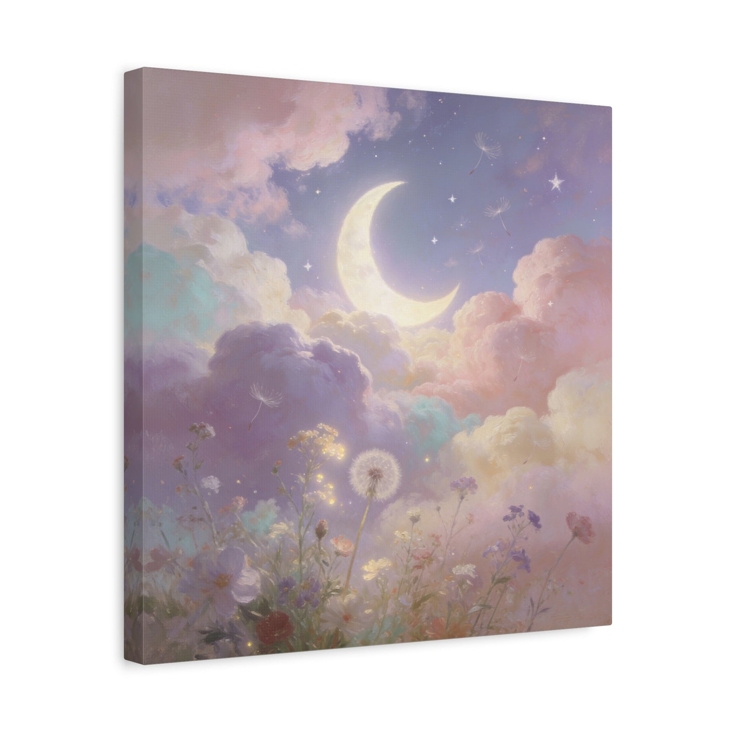 Crescent Moon Canvas Art Print - Dreamy Pastel Clouds, Dandelion Sky, Celestial Floral Scene - Cotton Matte Artwork - Lavender Nursery Accent, Bedroom Decoration, Meditation Space Decor