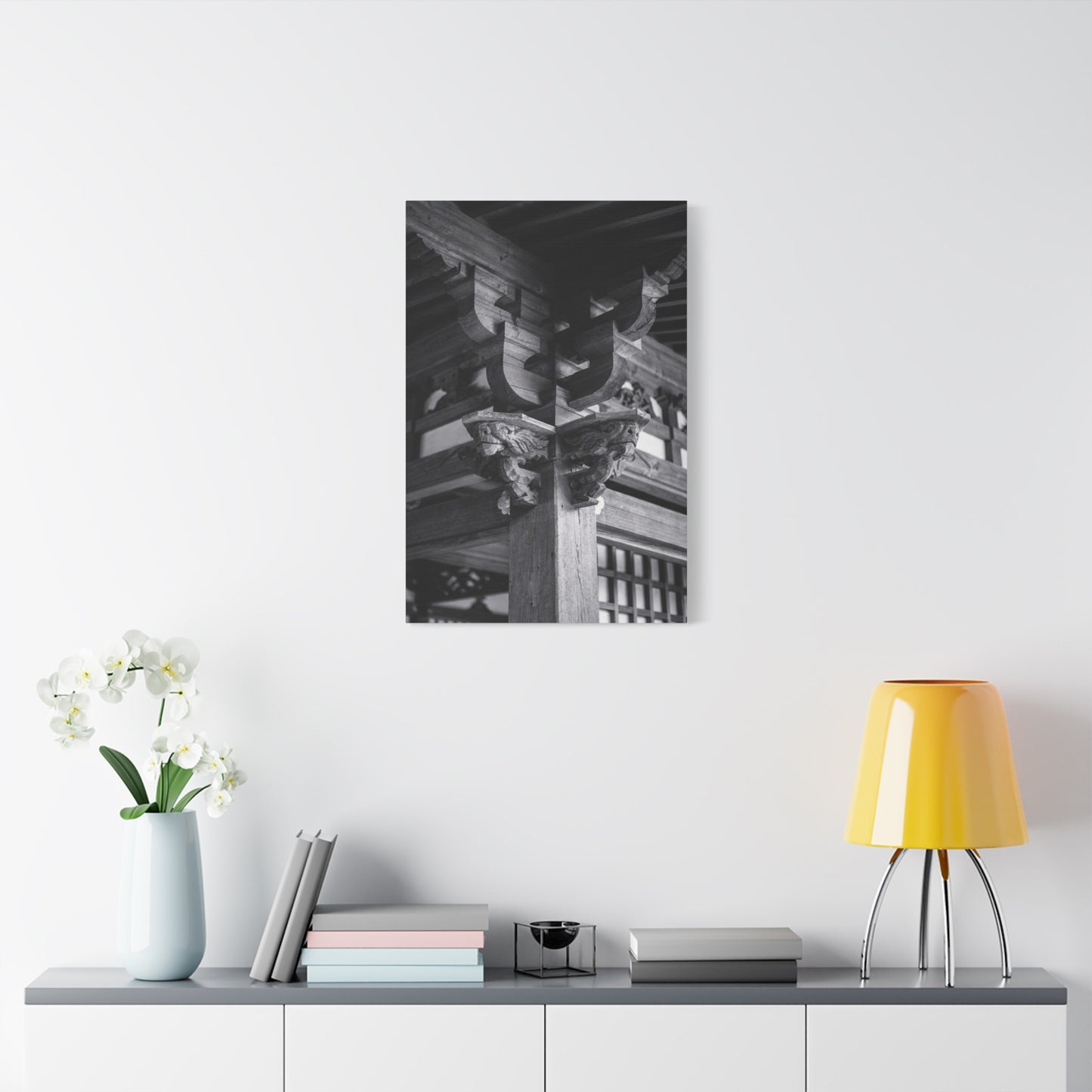 Japanese Temple Architecture Canvas Wall Art - Black And White Wooden Carved Bracket Art Print - Traditional Zen Style - Living Room Wall Decor, Bedroom Home Decoration - Bedroom Home Decoration