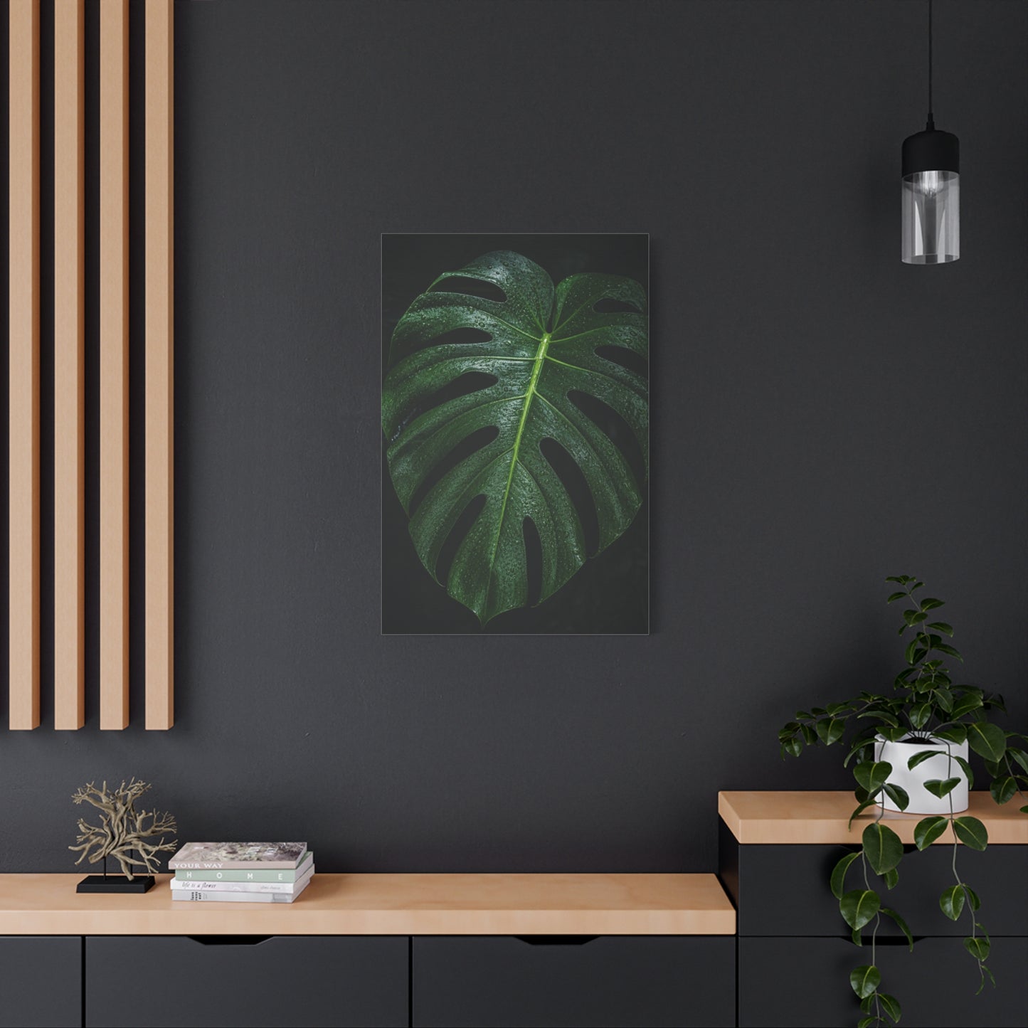 Monstera Leaf Canvas Wall Art - Botanical Art Print, Dark Green Tropical Foliage Print - Matte Cotton Canvas - Contemporary Minimalist Style - Living Room Wall Decor, Bedroom Home Accent