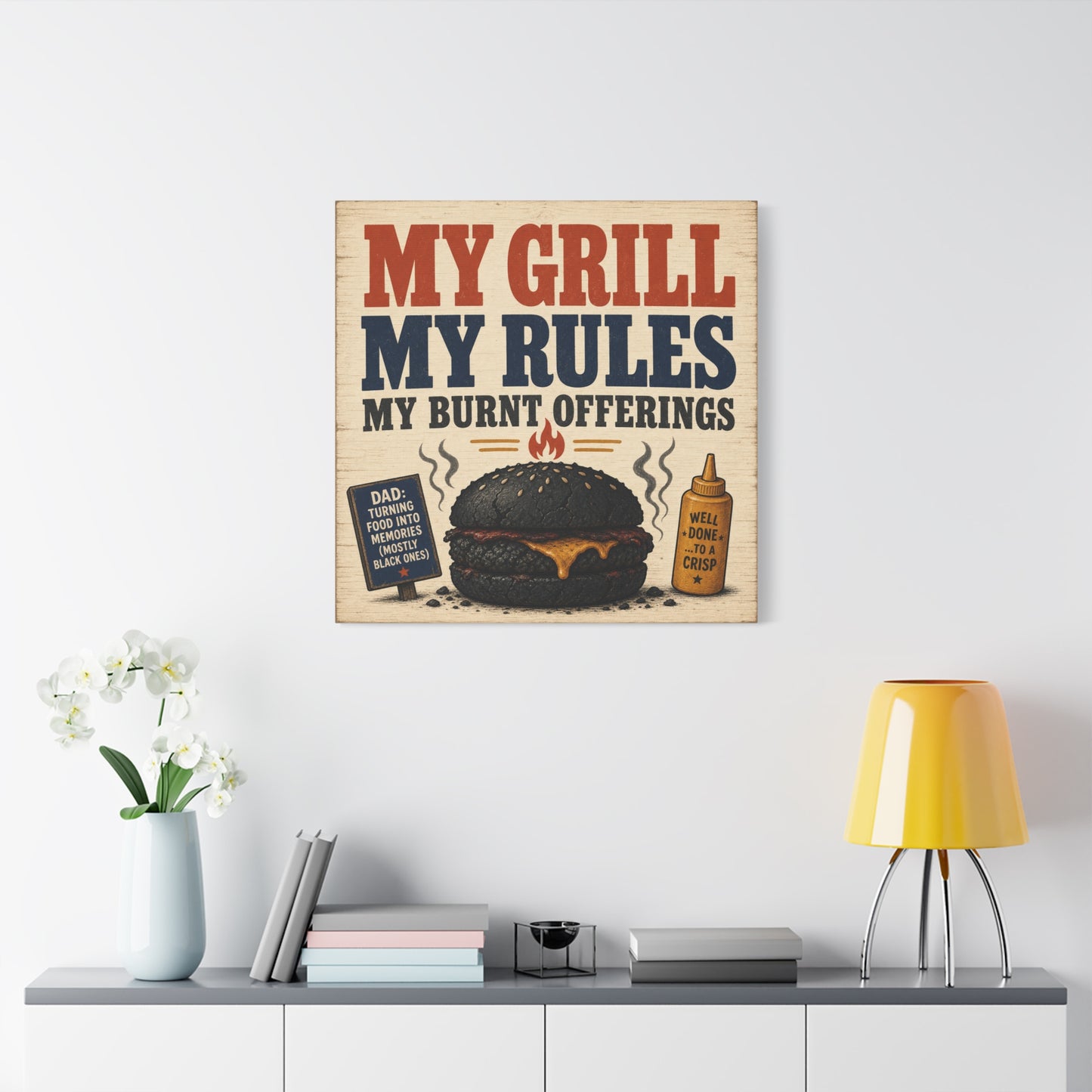 "My Grill My Rules My Burnt Offerings" Funny BBQ Canvas Wall Art - Burnt Burger Grill Sign, Rustic Farmhouse Kitchen Decor, Patriotic Red Blue Typography Print - Man Cave Wall Decor - Ready to Hang