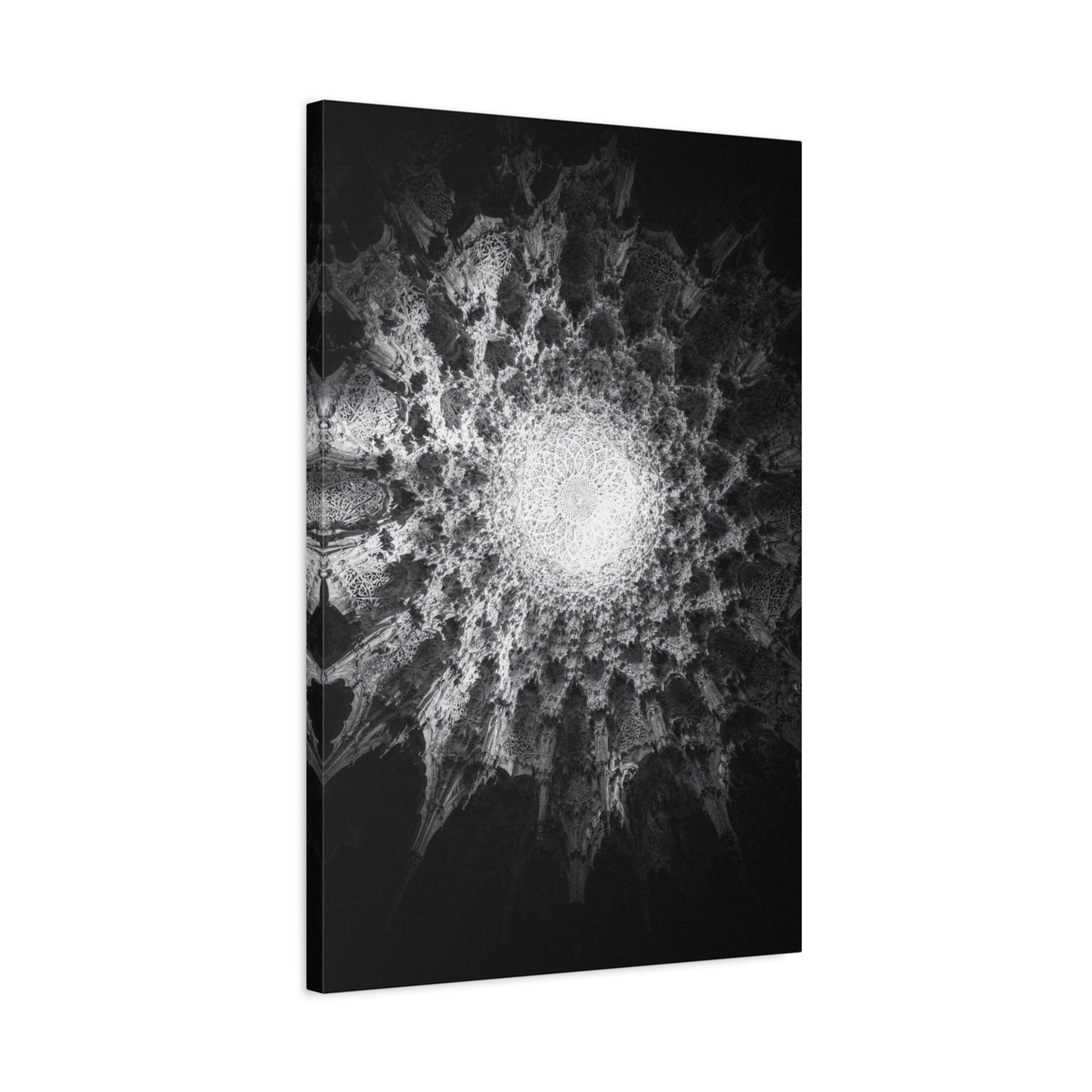 Abstract Black White Canvas Wall Art - Monochrome Fractal Mandala Design, Architectural Spiral Light - Matte Cotton Art Print - Contemporary Decor For Living Room, Bedroom, Office Accent