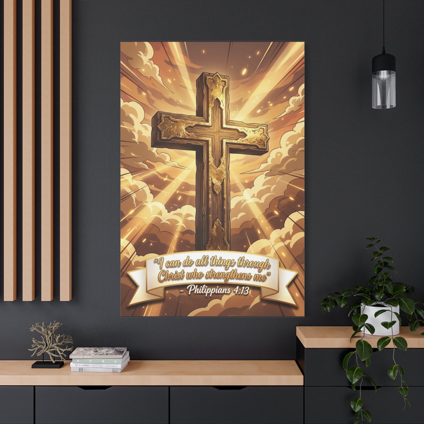 "I Can Do All Things Through Christ Who Strengthens Me" Cross Canvas Wall Art - Philippians 4:13 Scripture Decor, Golden Sky Christian Home Accent, Traditional Bedroom Living Room Decoration
