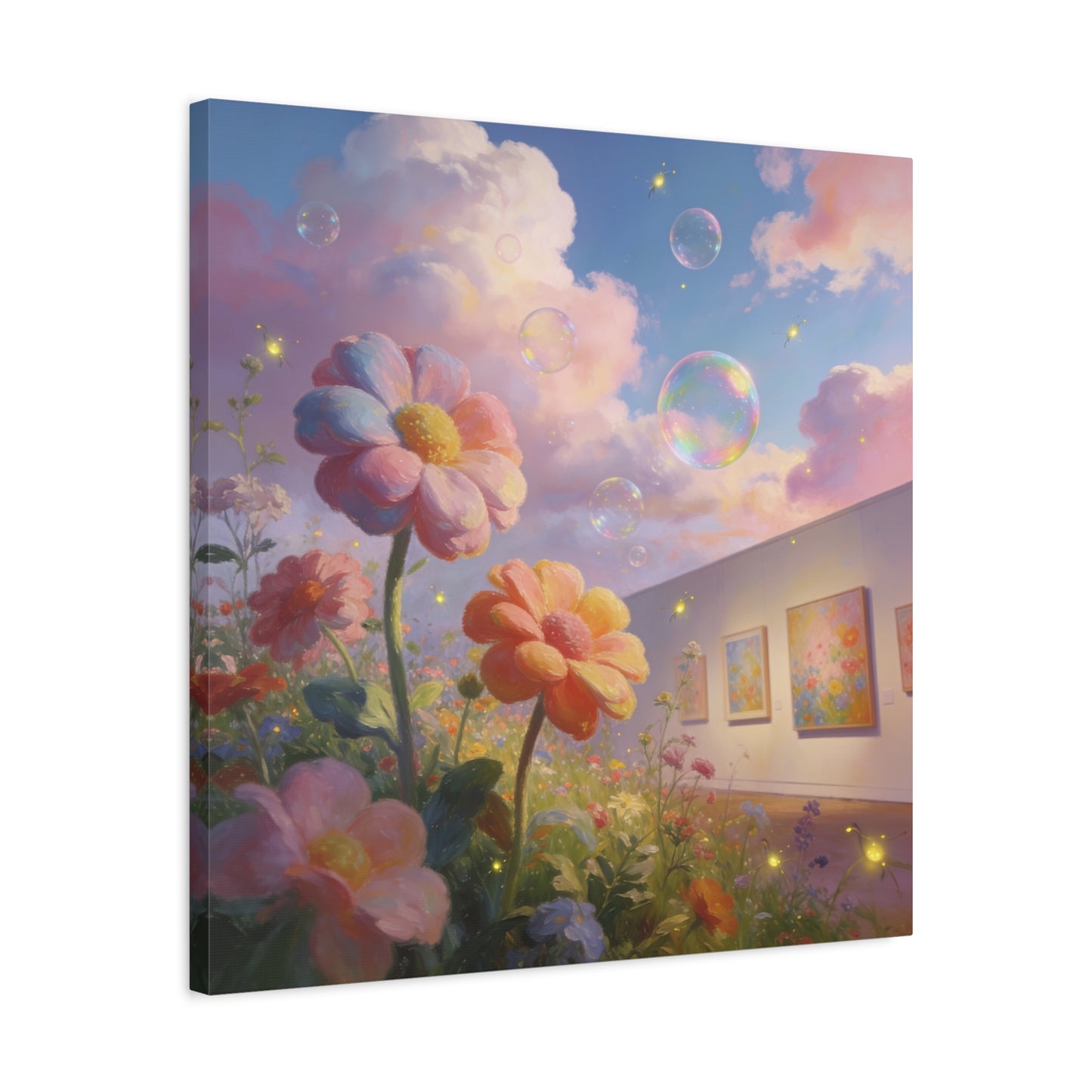 Dreamy Floral Canvas Wall Art - Pastel Wildflower Sky With Iridescent Bubbles, Firefly Glow - Whimsical Matte Canvas Print - Contemporary Bedroom Wall Decor, Living Room Accent - Cozy Reading Nook Art