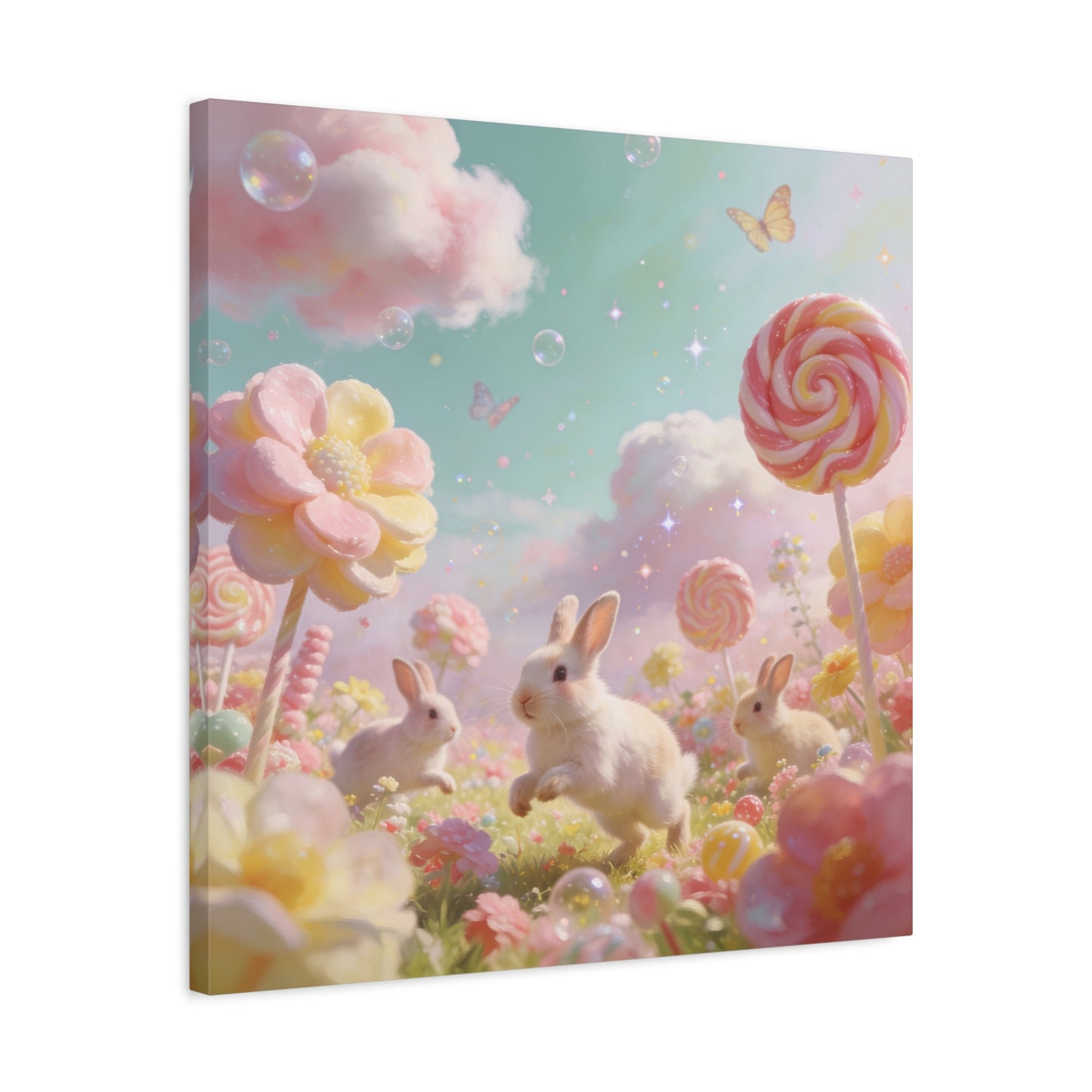Bunny Candyland Canvas Wall Art - Pastel Rabbit Meadow, Lollipop Flowers, Dreamy Nursery Wall Decor - Whimsical Illustration - Bedroom Home Decoration, Kids Room Accent - Bedroom Home Decoration