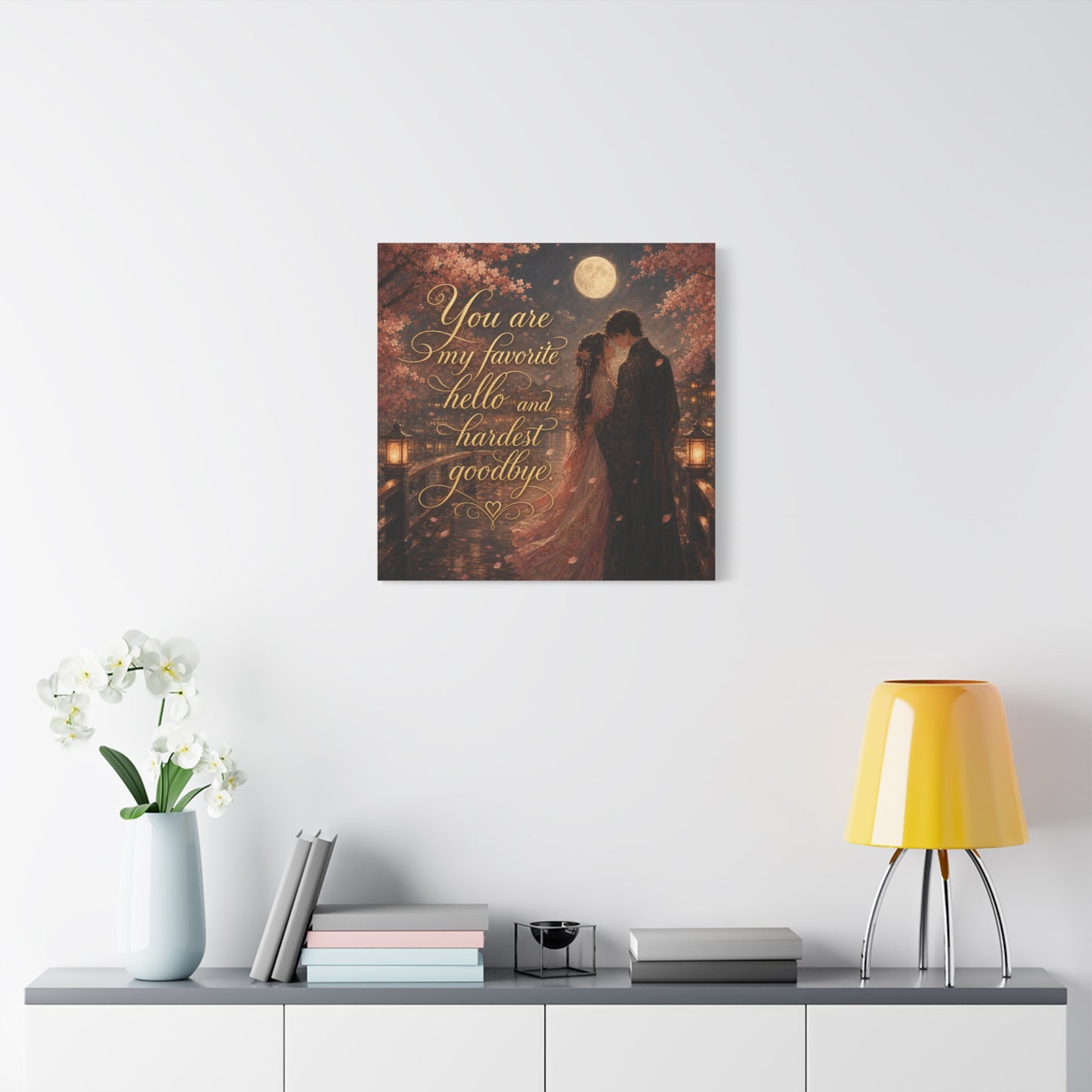 "You Are My Favorite Hello And Hardest Goodbye" Romantic Canvas Wall Art - Moonlit Cherry Blossom Couple, Gold Script Quote Print - Traditional Love Decor, Bedroom Wall Hanging - Cozy Reading Nook Art