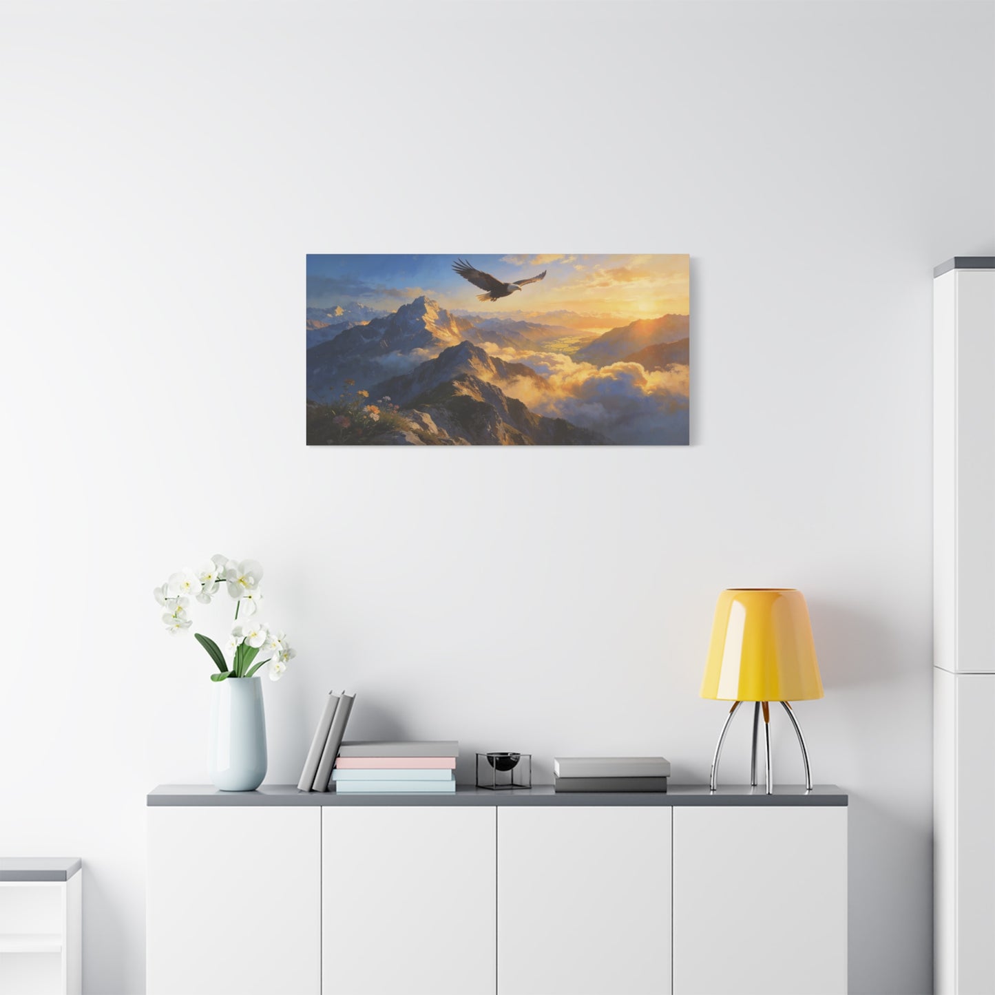 Bald Eagle Canvas Wall Art Mountain Sunrise Landscape - Golden Sky Alpine Peaks, Dramatic Wildlife Vista - Matte Finish Canvas Print - Living Room Wall Decor, Office Art Accent - Ready to Hang