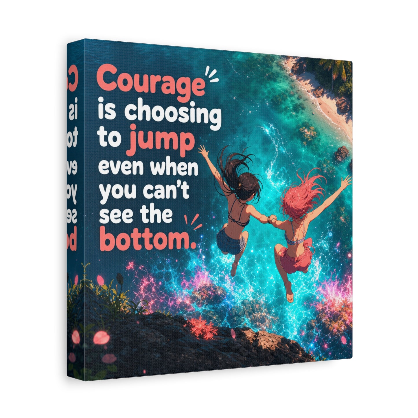 "Courage Is Choosing To Jump Even When You Can't See The Bottom" Canvas Wall Art - Coastal Quote Illustration, Inspirational Ocean Cliff Scene, Bedroom Wall Decor, Teen Space Accent - Ready to Hang