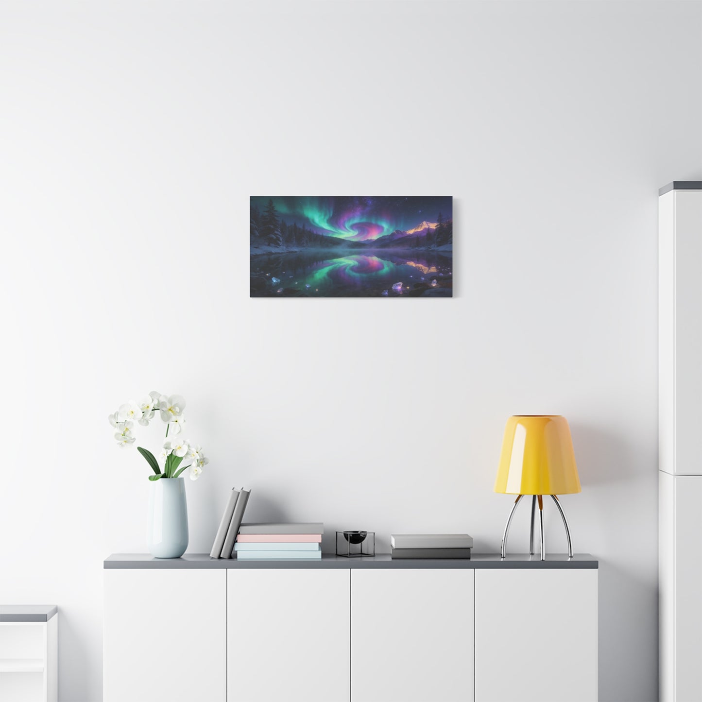 Aurora Borealis Mountain Lake Canvas Wall Art - Northern Lights Night Sky, Snowy Pine Forest Reflection - Dreamy Matte Canvas Print - Bedroom Wall Decor, Living Room Accent - Bedroom Home Decoration