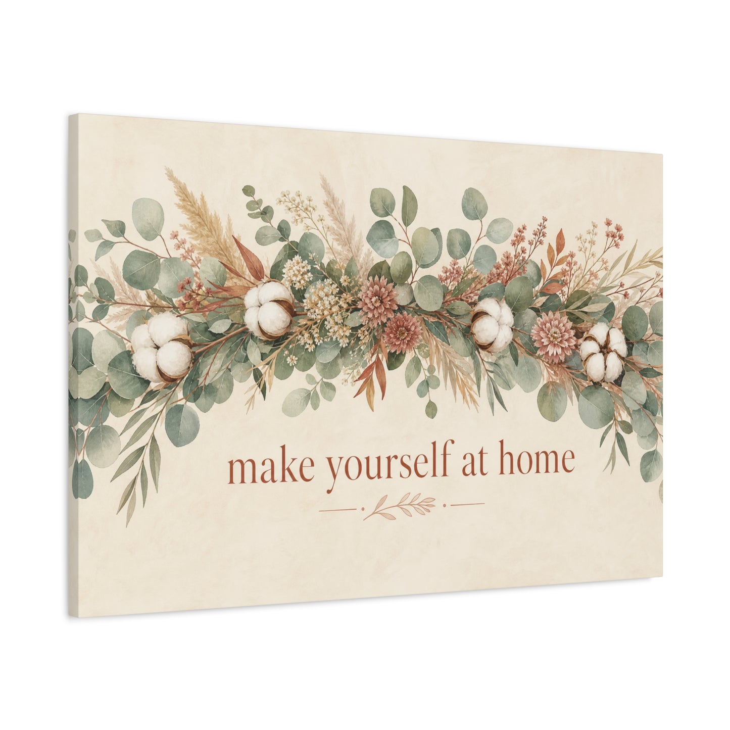 "Make Yourself At Home" Botanical Canvas Wall Art - Eucalyptus Cotton Stem Floral Quote Print - Rustic Farmhouse Style - Living Room Wall Decor - Modern Farmhouse Style - Bedroom Home Decoration