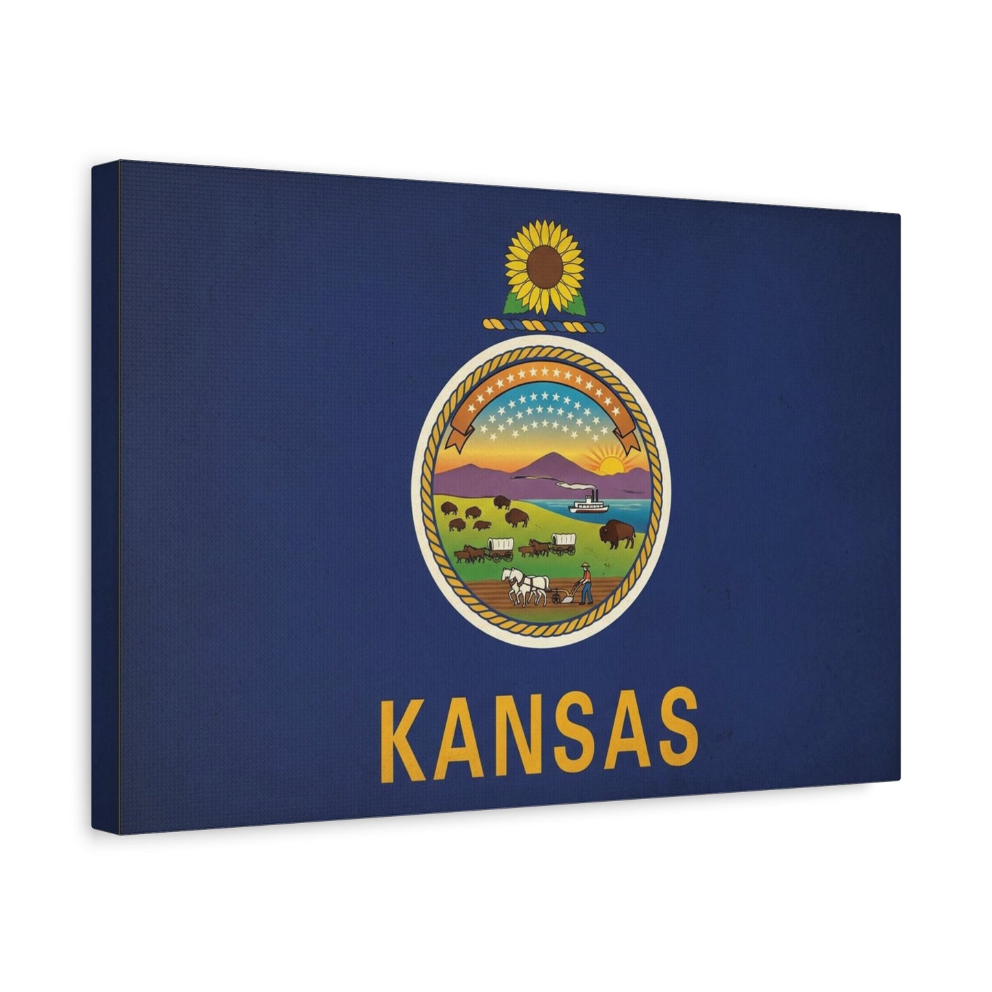 Kansas State Flag Canvas Wall Art - Sunflower Seal Prairie Buffalo Wagon Sunset Print - Vintage Blue Typography Decor - Living Room Wall Decor, Office Art, Dorm Accent - Bedroom Home Decoration