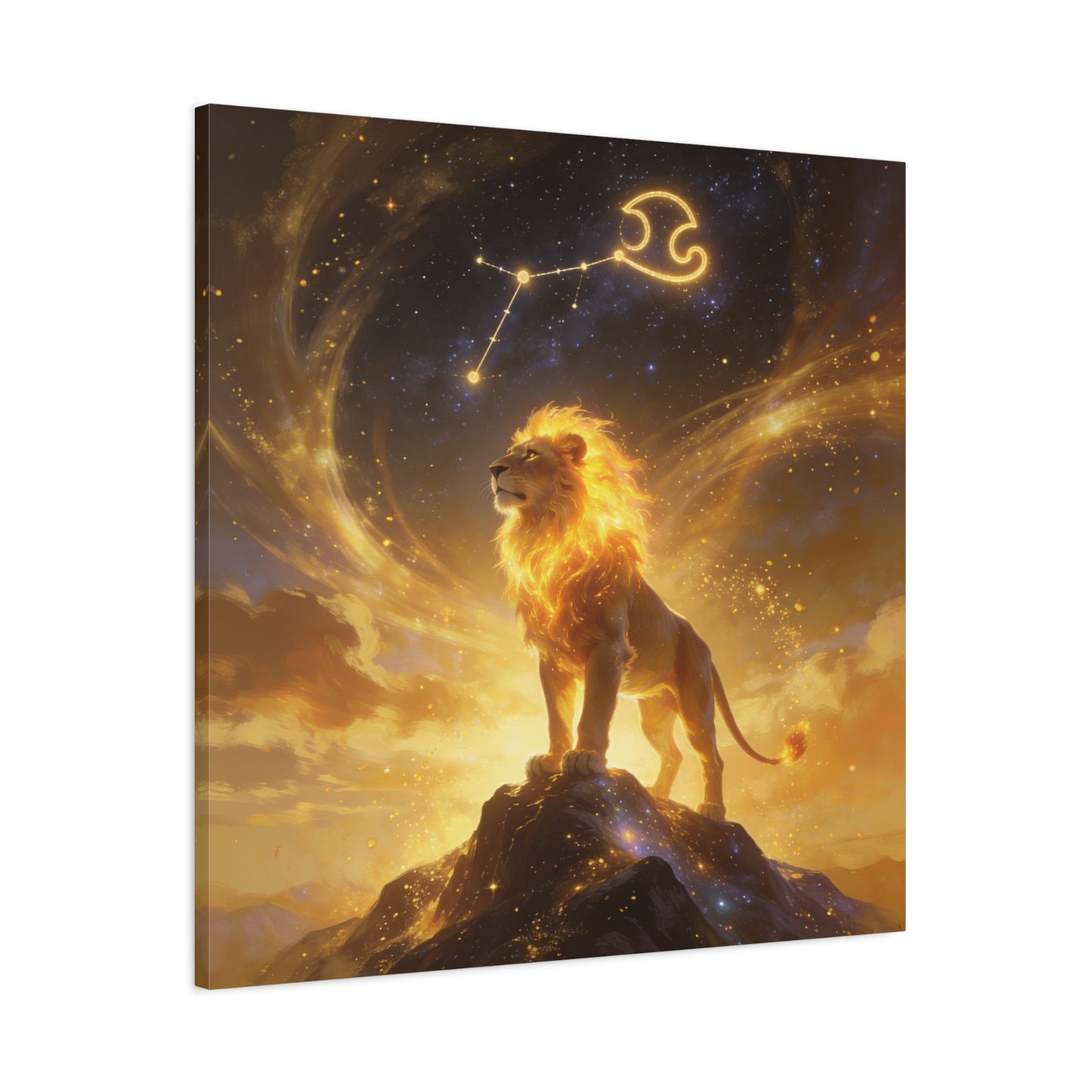 Leo Zodiac Lion Canvas Wall Art - Celestial Astrology Constellation Print, Glowing Gold Cosmic Sky - Fantasy Style, Living Room Wall Decor Bedroom Home Decoration Office Art - Bedroom Home Decoration
